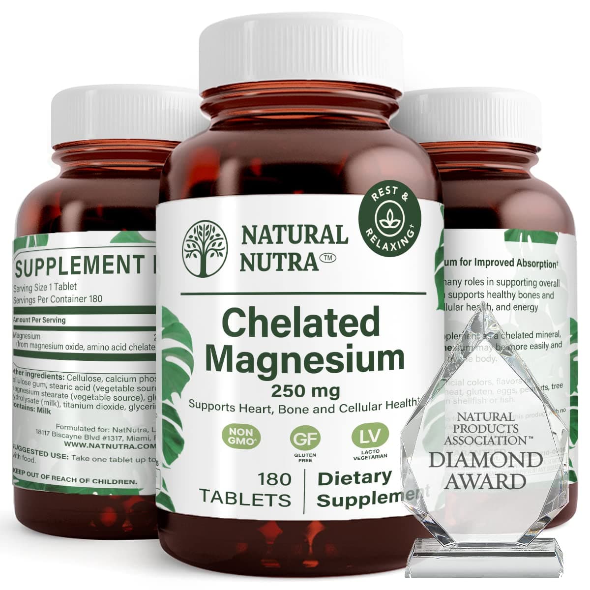 Chelated Magnesium Oxide Supplement with Amino Acid Chelate for High Absorption, Promotes Healthy Bones, Improves Dental, Heart Health and Energy Levels, 250 mg, 180 Tablets (2 Pack)