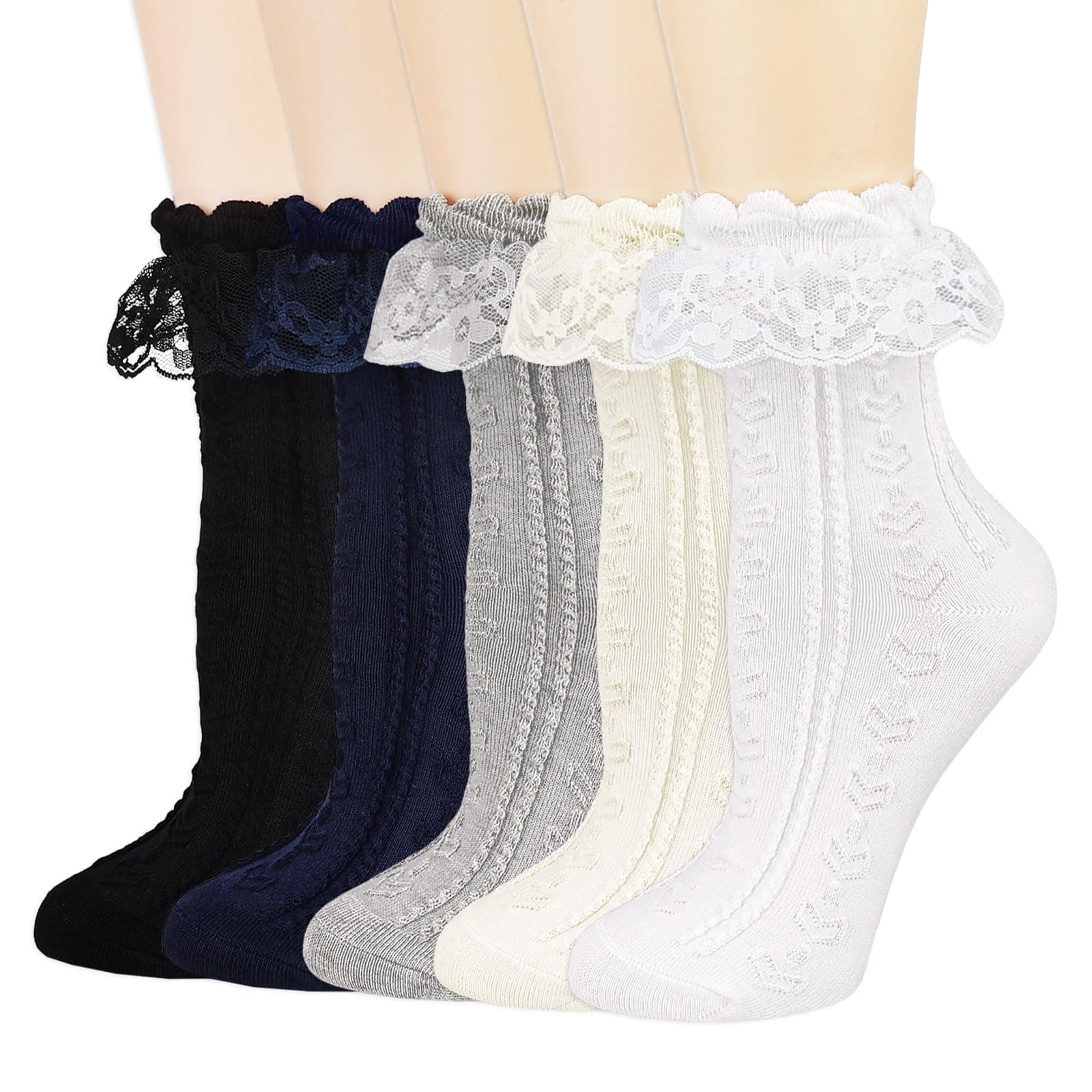 Womens Crew Socks Lace Ruffle Frilly Cotton Cute Princess Ankle Dress Socks for Girl 5 Pack