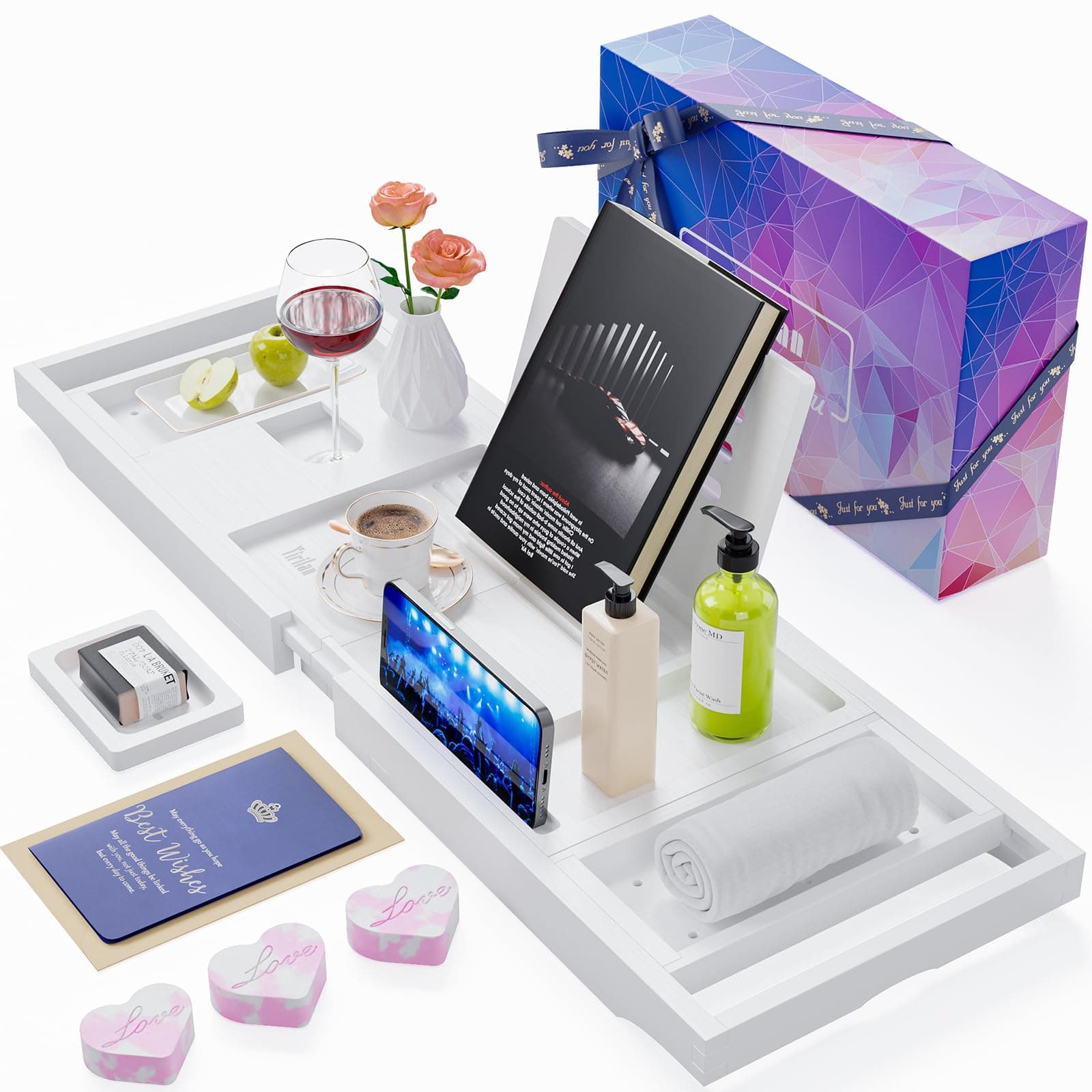 Yirilan Premium Bathtub Tray Caddy - Expandable Floating Bath Tray - Unique House Warming Gifts, New Home, Anniversary Wedding Gifts for Couple, Bridal Shower Gift for Women