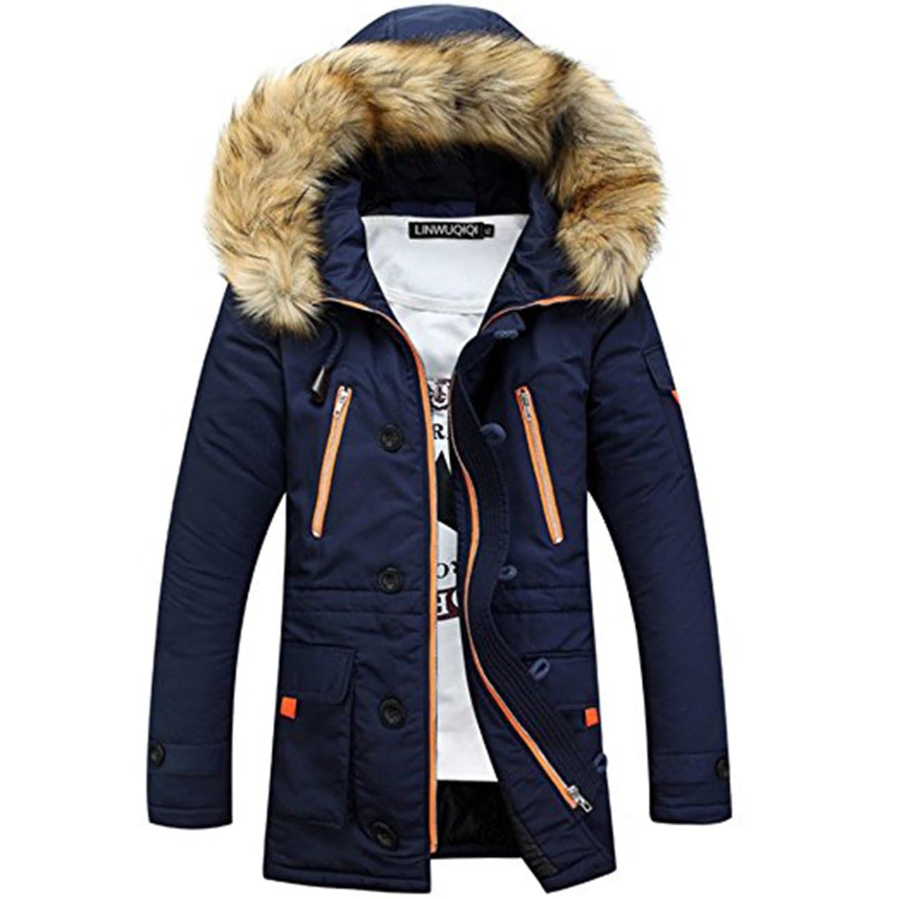 Mens Parka Coats with Fur Hood Field Jacket Fleece Winter Warm Coat Outdoor Casual Thicken