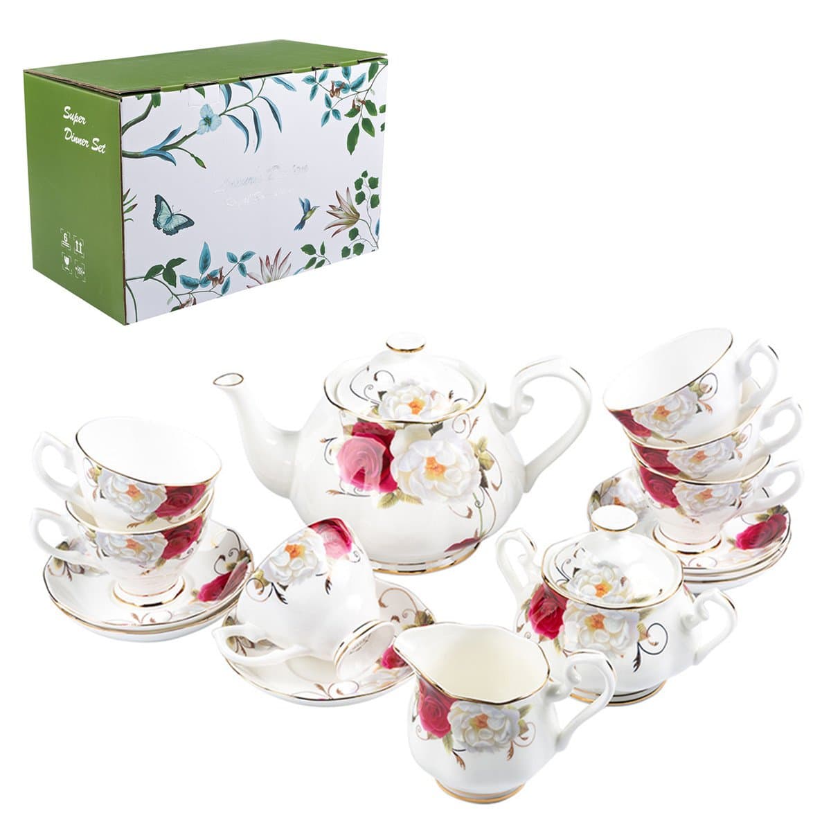15 Piece Tea Set Royal Fine Bone China Shabby Chic Rose Classic Style in Gift Box (Gold Rose)