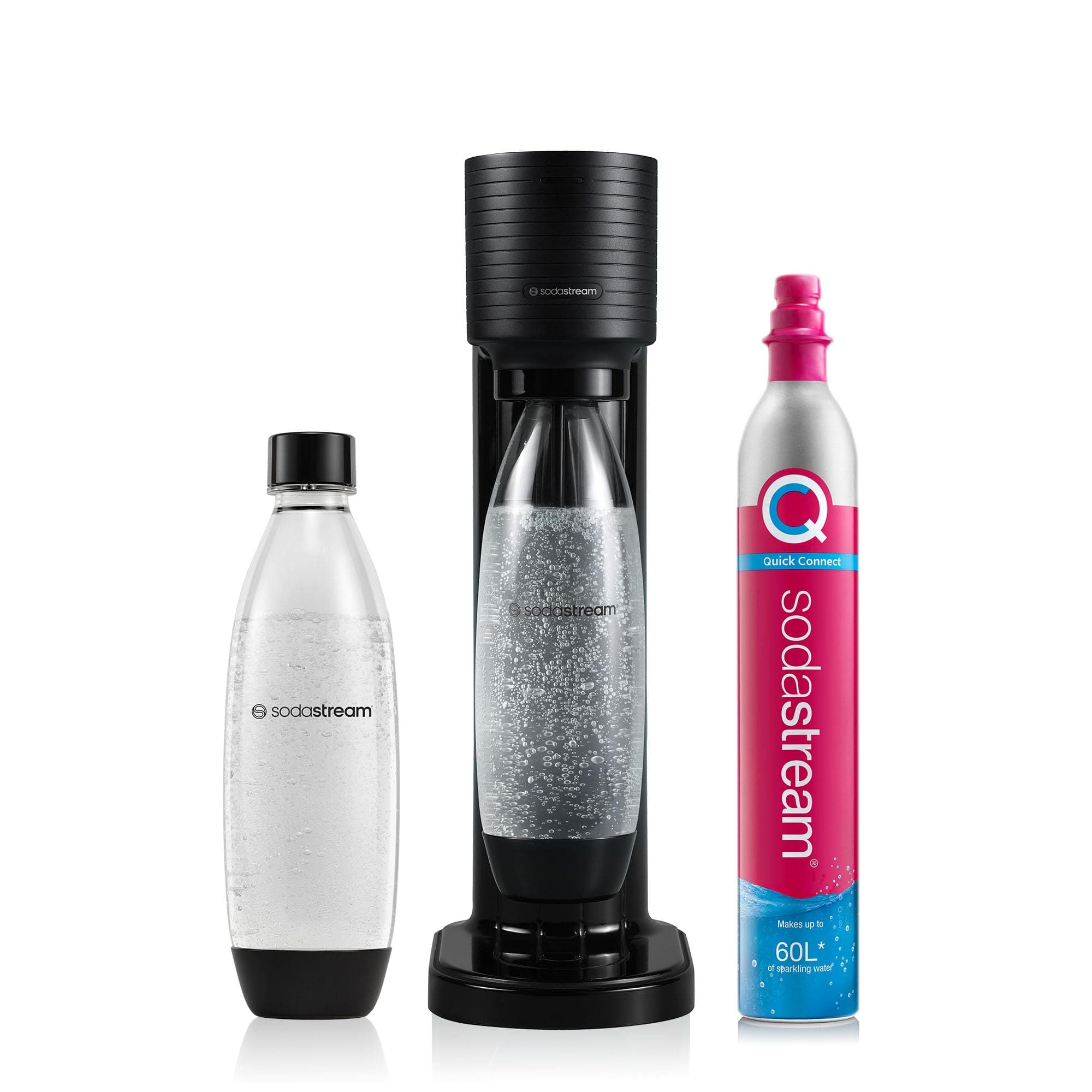 Sodastream Gaia Manual Sparkling Water Maker - Cordless Sparkling Water Machine with 1 Litre Reusable BPA-Free Water Bottle for Carbonating and 60 Litre Quick Connect Co2 Gas Cylinder - Black