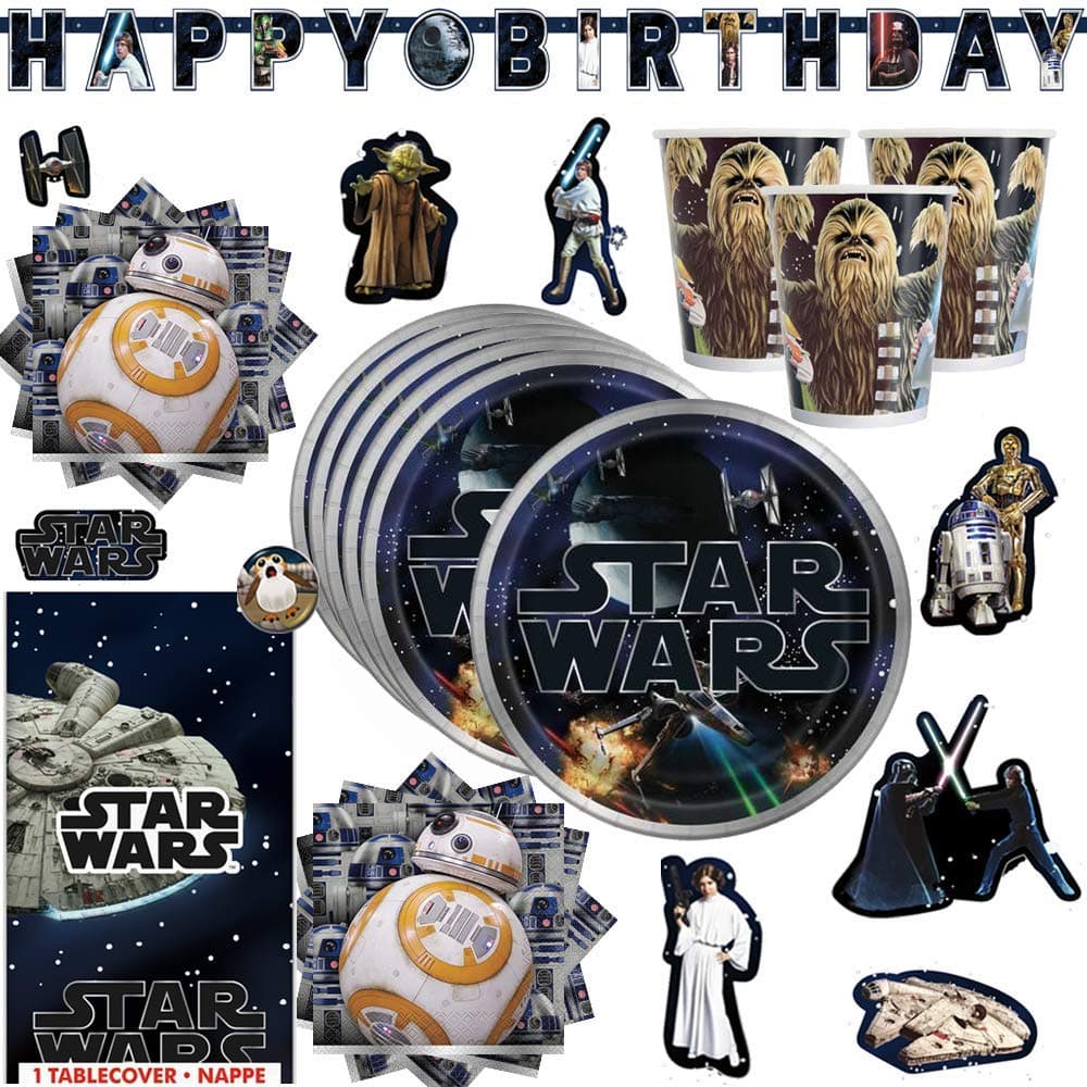 Star Wars Classic Birthday Party Supplies Pack For 16 Guests With Plates, Cups, Napkins, Table Cover, 152 Stickers, Birthday Banner and an Exclusive Porg Pin, by Another Dream