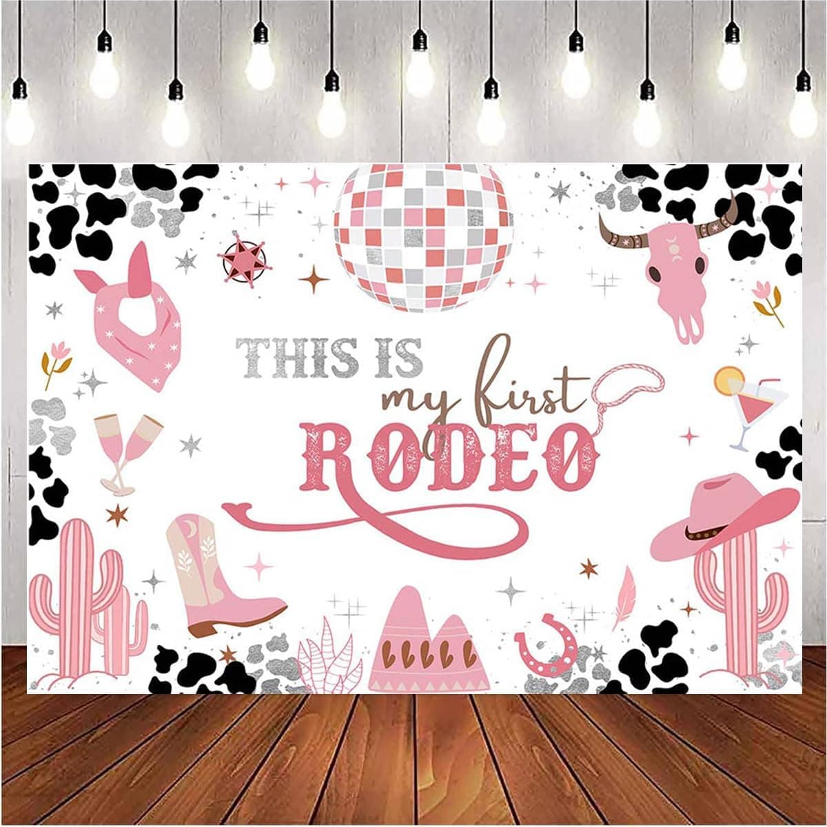 West Cowgirl Theme Birthday Party Background Wild West Party Supplies This is My First Rodeo Banner Girl Birthday Party Cow Print Pink Cactus Western Girls Party Decoration Supplies (7X5FT)
