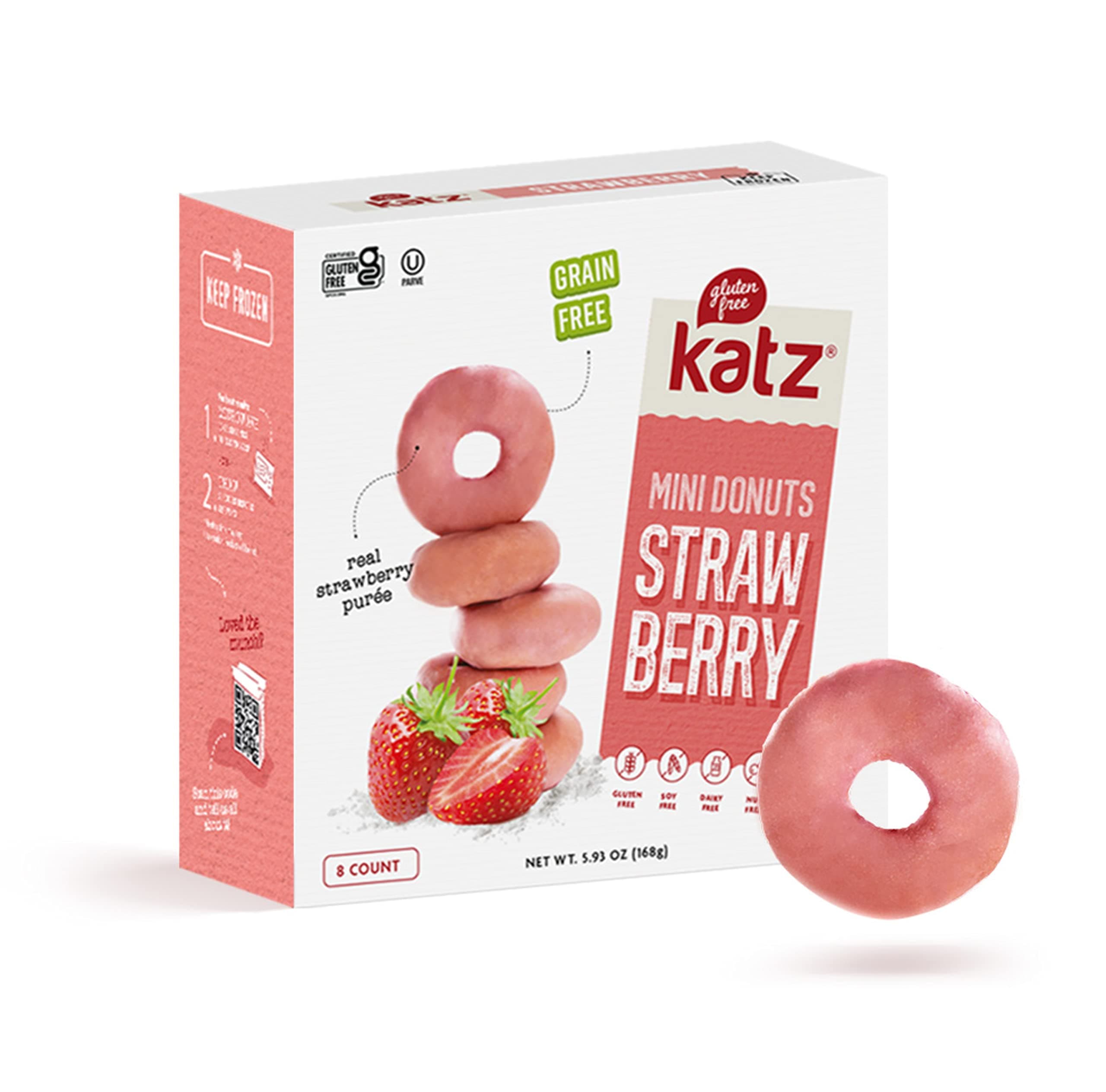 Katz Gluten Free Mini Strawberry Glazed Donuts. Fresh Baked Donuts Made with Real Pureed Strawberries. Grain Free. Tree Nut Free, Peanut Free. Dairy Free. Soy Free. Kosher. 8 Donuts. 6 oz. (Pack of 1)