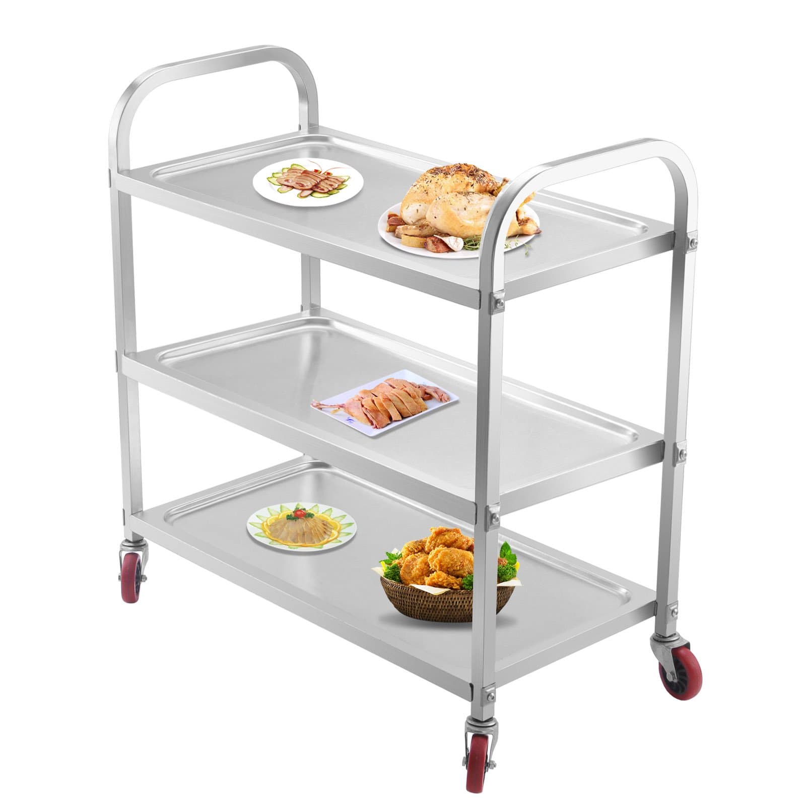 Superland 3 Shelf Utility Cart 264Lbs Stainless Steel Cart with Wheels Commercial Bus Cart for Kitchen Commercial Hotel Restaurant Dining Area Utility Serving (3 Shelf)