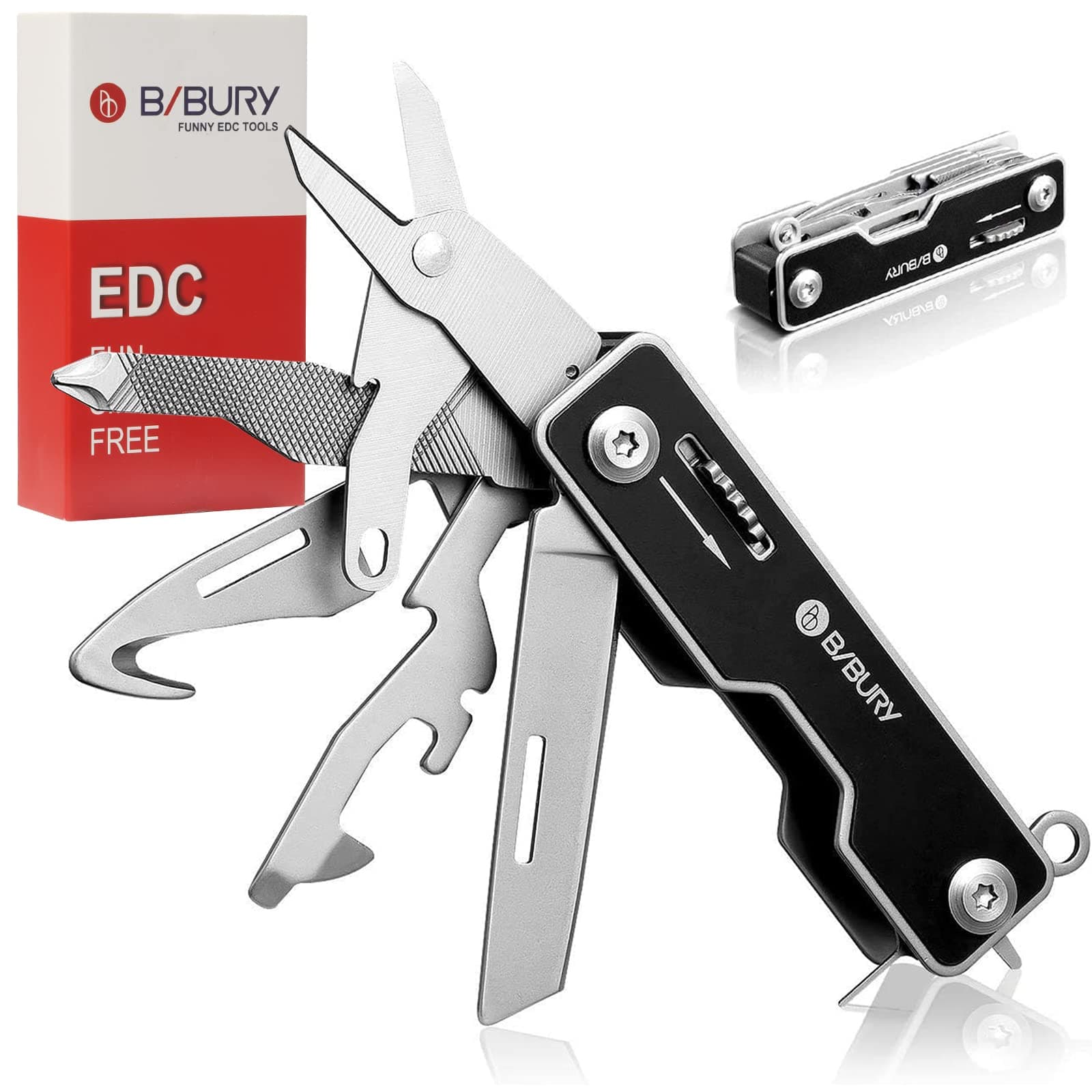 EDC Multitool, 10 in 1 Pocket Size EDC Key Ring Multi Tool, Swiss Army Type Multitools with Rope Cutter, Screwdriver, SIM Card Pin, Safety Lock Design - Black