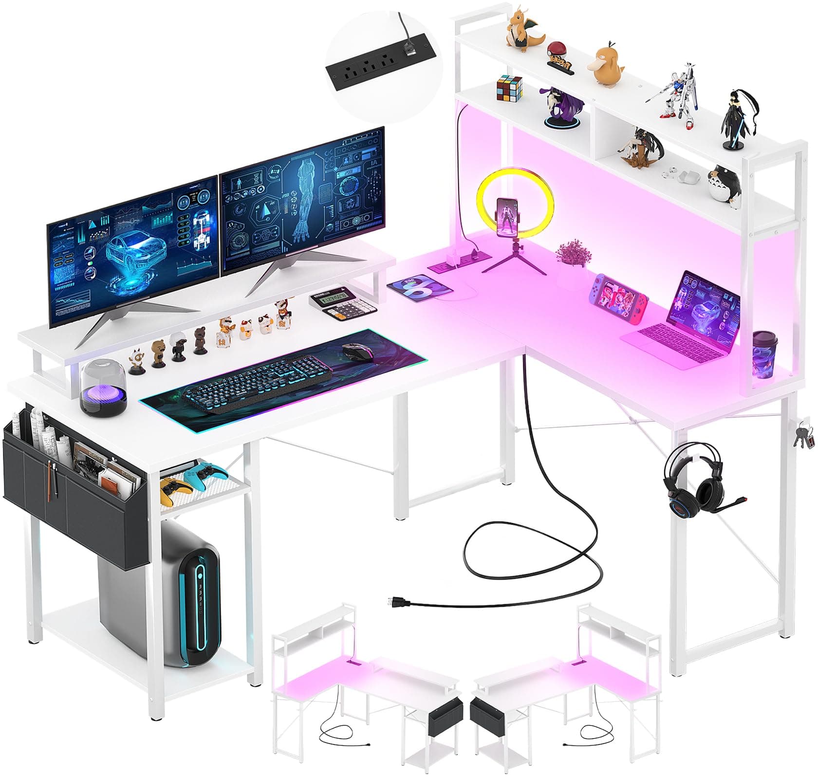 Aheaplus Small L-Shaped Desk with Charging Port & LED Strip, Reversible L-Shaped Gaming Desk, Computer Desk, Monitor Stand & Storage Shelf, Corner Desk, Home Office Desk, Storage Bag Included, White