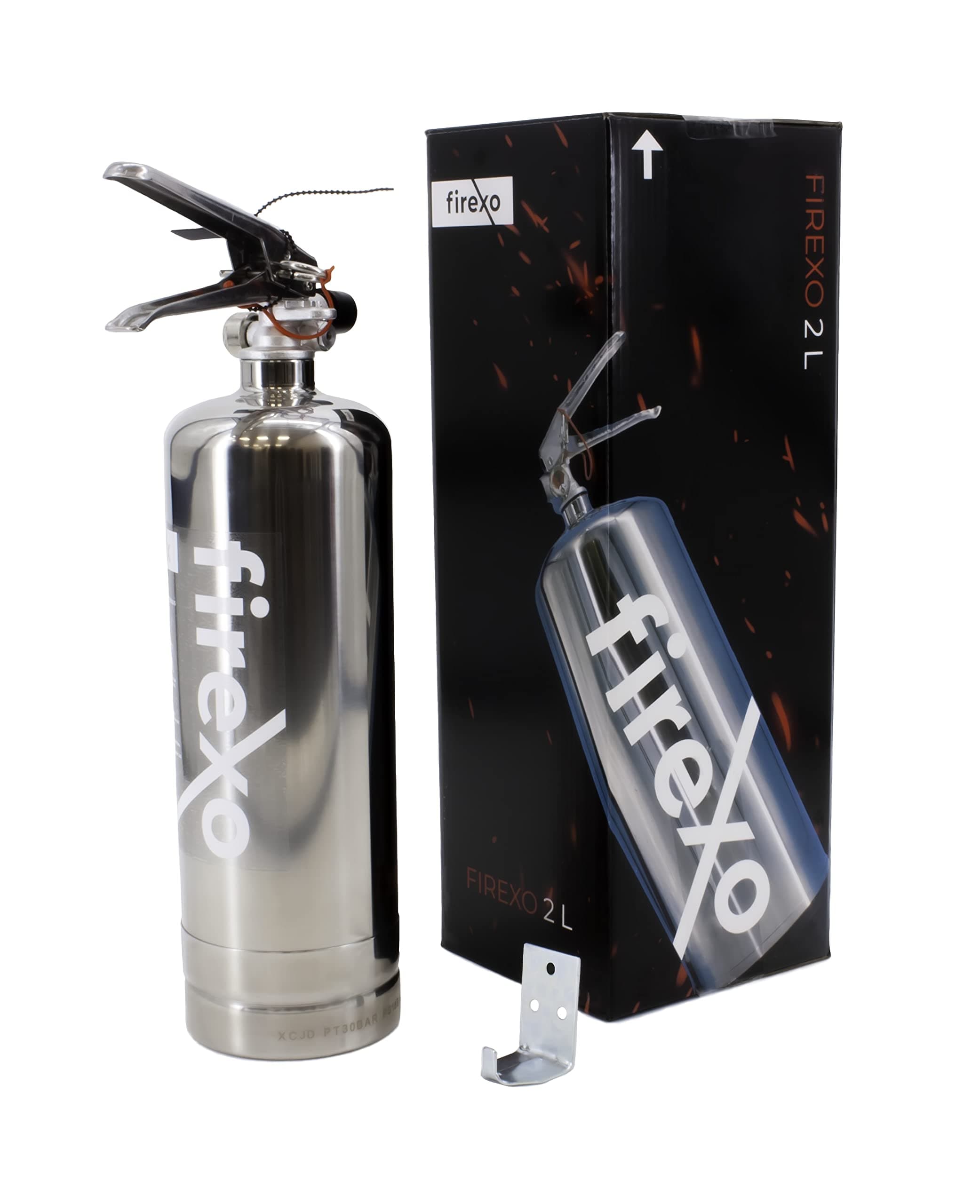 Firexo All in One Stainless Steel Fire Extinguisher (2 Litre / 2 kg) Chrome - Multipurpose Extinguisher for ALL FIRES inc. Li-ion Battery Fires! - Emergency Safety Equipment for Indoor/Outdoor