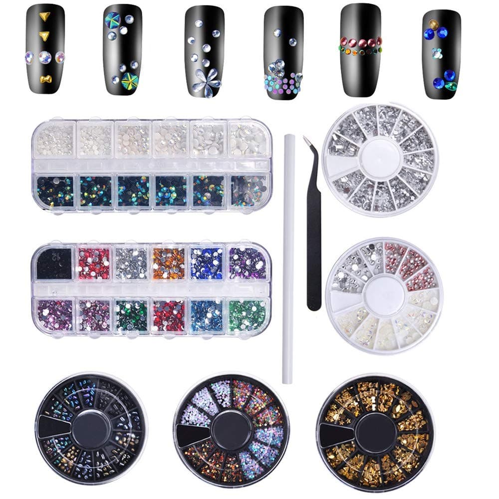 Biutee 3D Nail Art Rhinestones Set Nail Rhinestones 2Boxes +5 Wheels 1pcs Pick Up Pencil 1pcsTweezer Colored Rhinestones Sliver And Black Rhinestones Irregular 3D Decoration Rhinestones