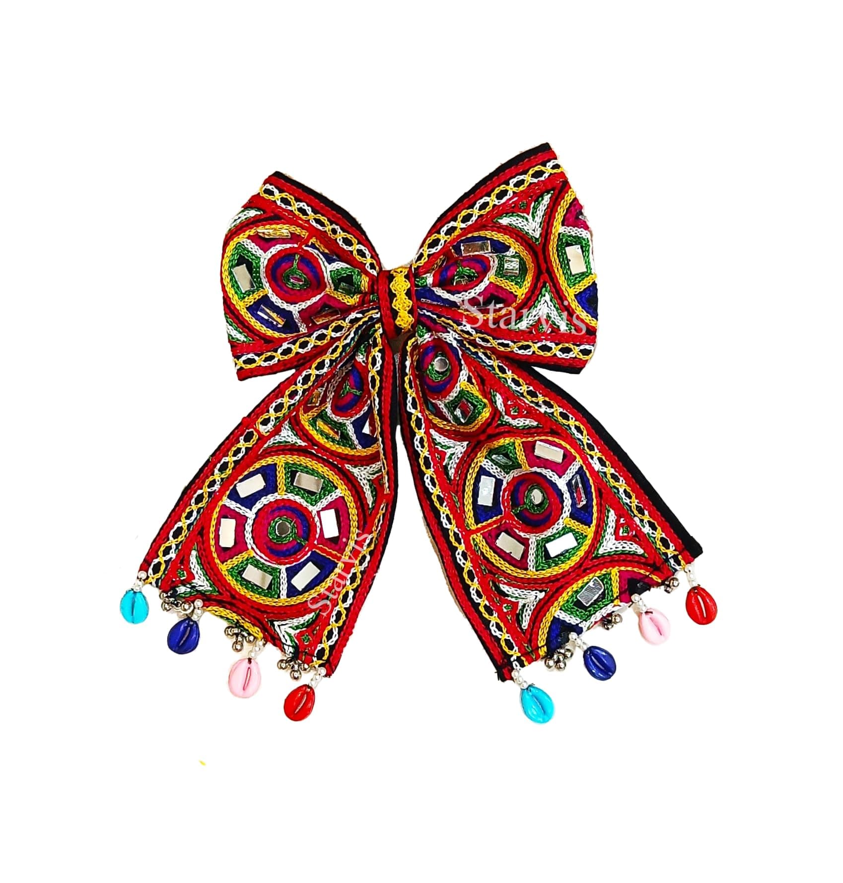 Starvis Navratri Special Hair Accessories Bow Tie Hair Bow Clip – Traditional Embroidered Bow for Women & Girls, Festive Hair Accessory for Garba, Dandiya, and Indian Ethnic Wear Hair Clip with Shell Dandiya Night For Women