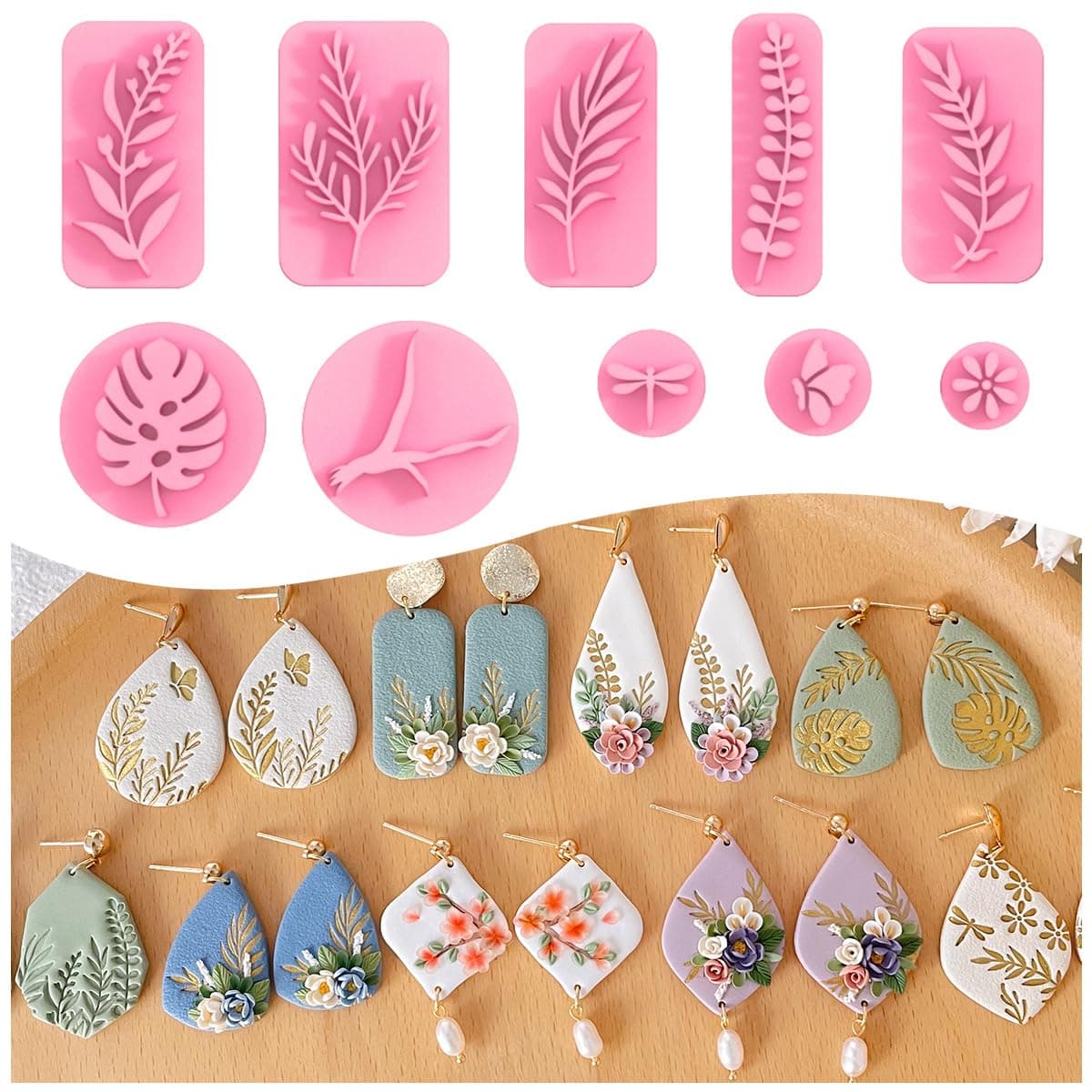 KEOKER Plant Clay Stamps - 10 Shapes for Polymer Clay Jewelry Making, Work with Clay Cutter, Spring Cutter Stamps