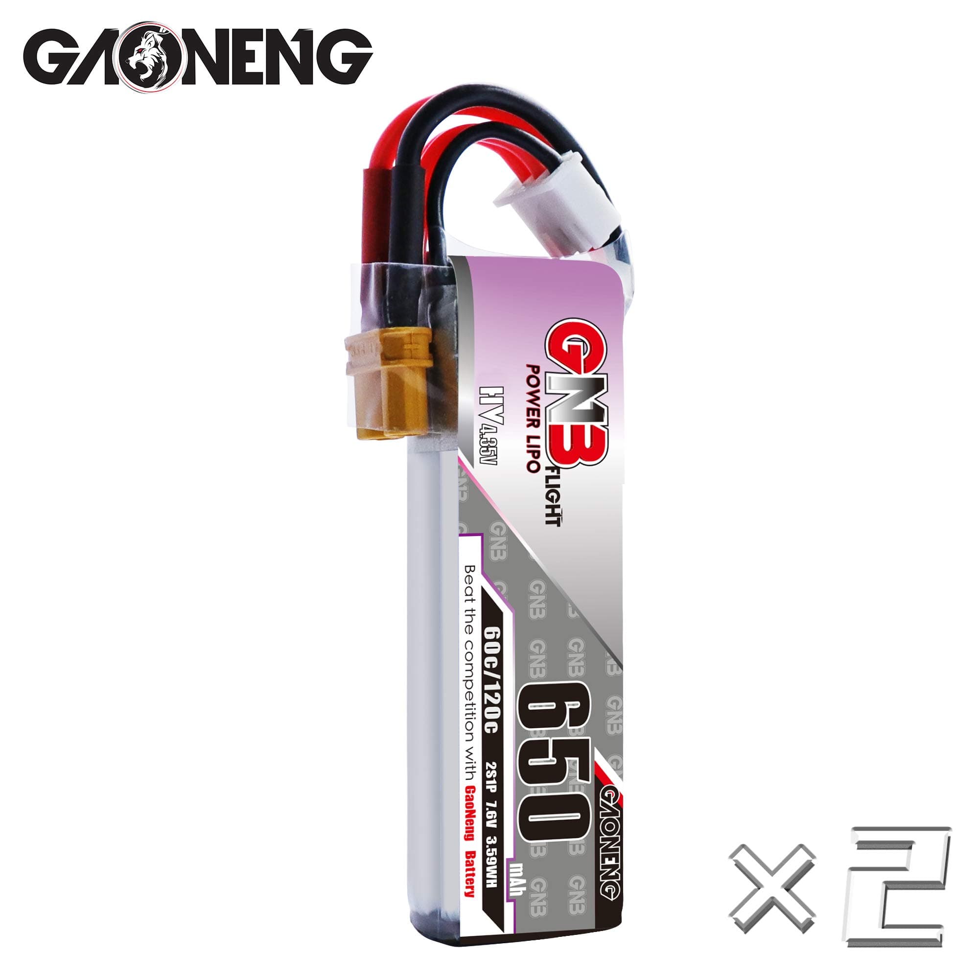 GAONENG GNB 2S LiPo 650mAh XT30 HV 7.6v 60C 2Packs Longer Flying Time with Toothpick FPV
