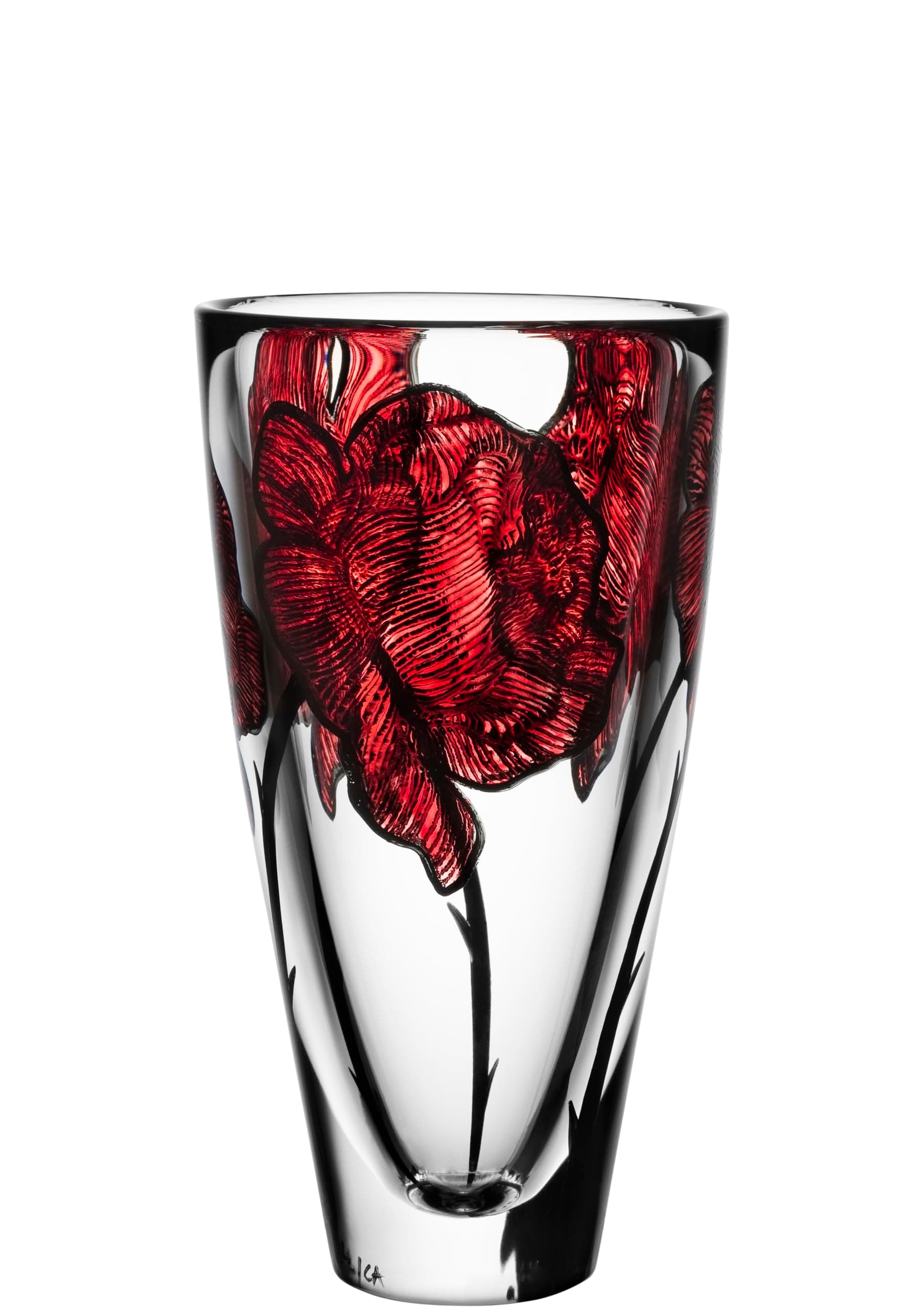 10" Tattoo Vase, Hand-Painted Glass - Rose Tattoo Inspired, Home & Office Decor - Table Centerpiece, Versatile Container for Florals, Red/Clear