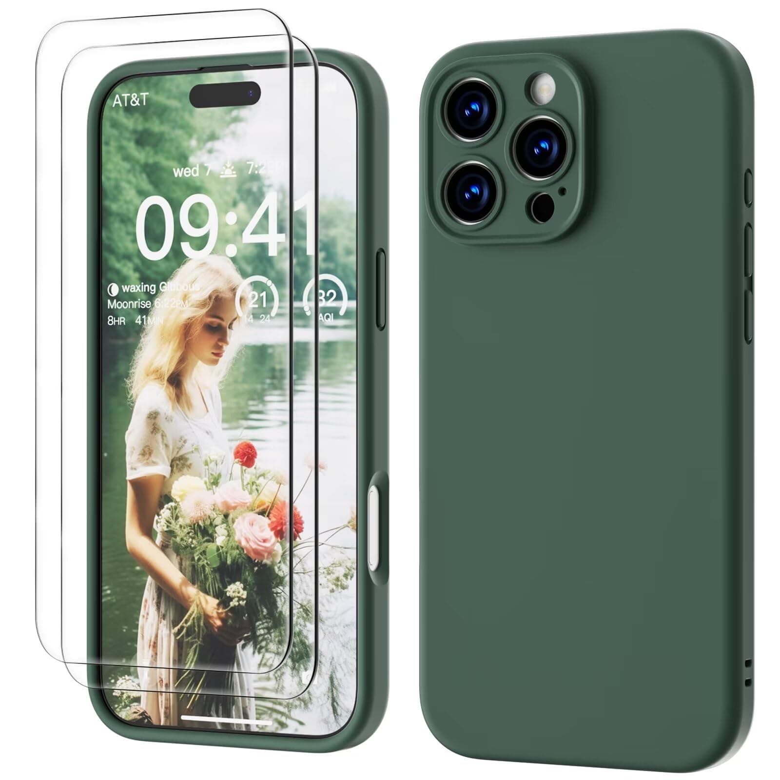 3 IN 1 for iPhone 16 Pro Case 6.3 inch, Upgraded Camera Protection, 2X HD Screen Protector, Liquid Silicone Anti-Scratch Shockproof Gel Rubber Anti-Fingerprint Phone Case Cover, Pine Green
