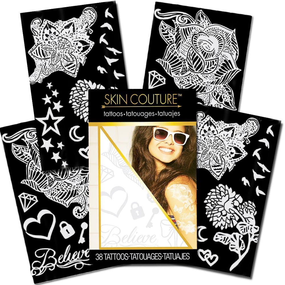 White Temporary Tattoos Kit - Over 75 White Tattoos (White Party Supplies, Party Favors, Decorations)