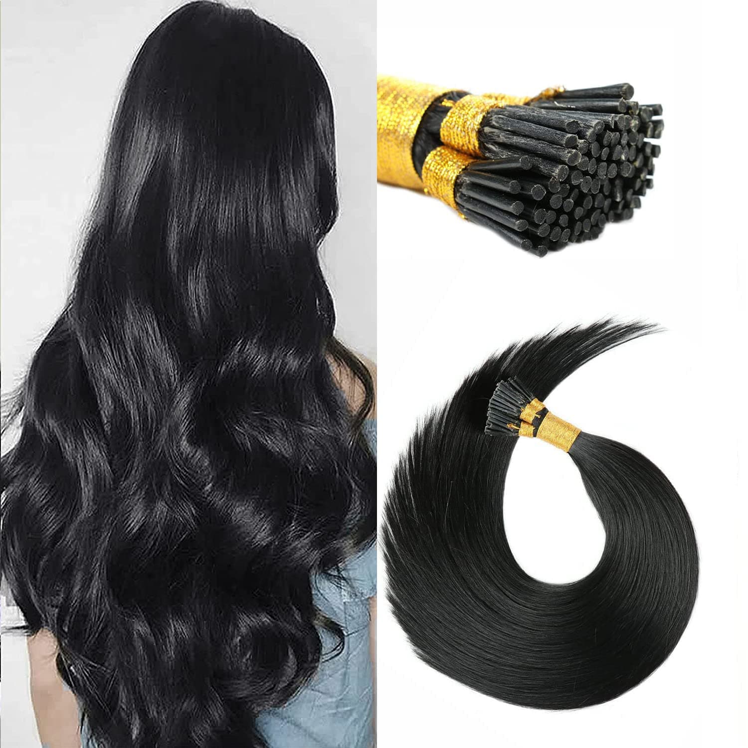I Tip Hair Extensions Human Hair Black Hair Extensions I Tip Human Hair Pre Bonded Hair Extensions Real Human Hair Invisible 18 Inch 100g 1g/s 100s/pack Jet Black #1 Silky Straight I Tip Human Hair Extensions