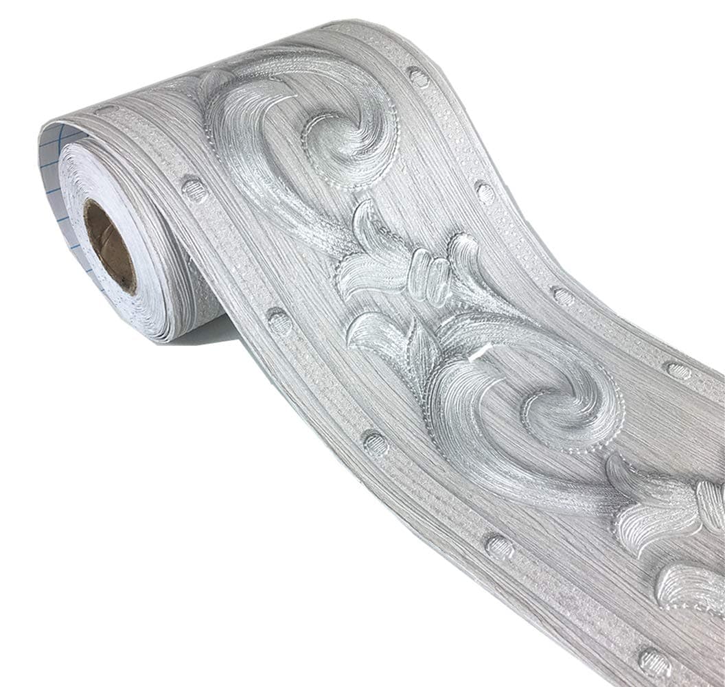REDODECOElegant Silver Grey Floral Molding Wallpaper Border Peel Stick Home Ceiling Decorative Border for Bathroom Living Room Kitchen 4inch by 16.4ft