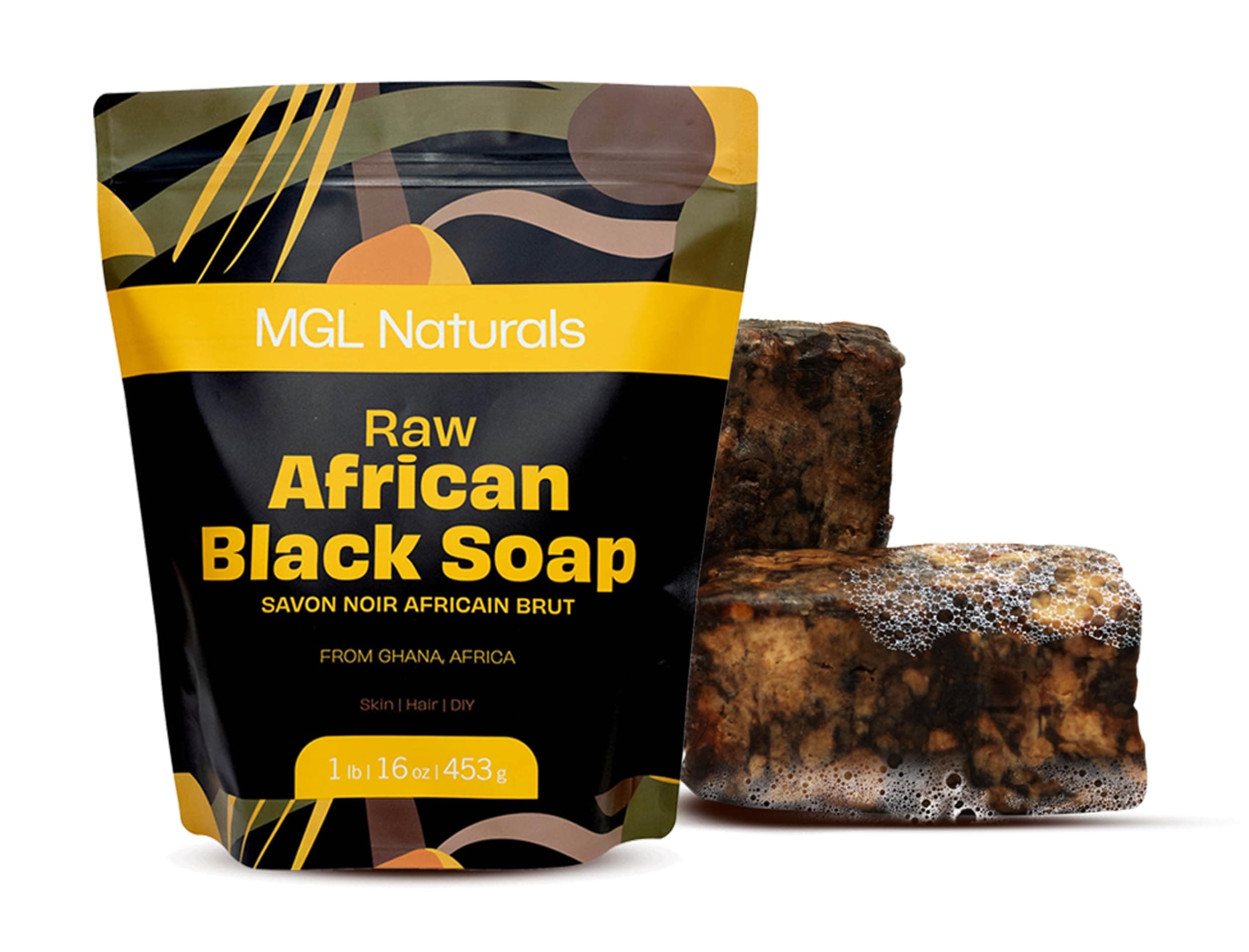 MGL Naturals Raw African Black Soap 1 lb from Ghana, Africa | Vegan & Organic | Face and body deep cleanse wash. 1 lb