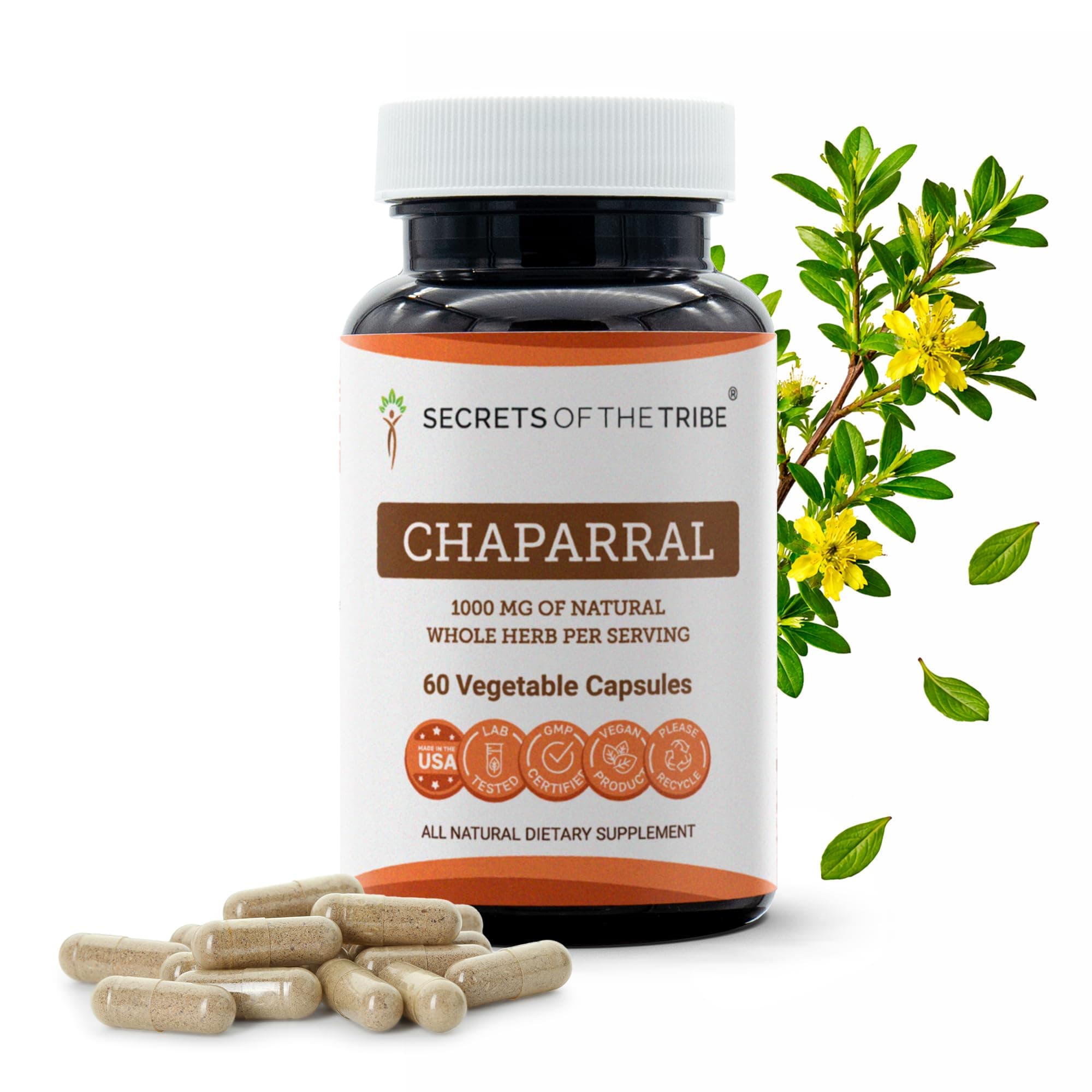 Secrets of the Tribe Chaparral 60 Capsules, 1000 mg, Organic Chaparral (Larrea tridentata) Dried Leaf and Flower (60 Capsules)