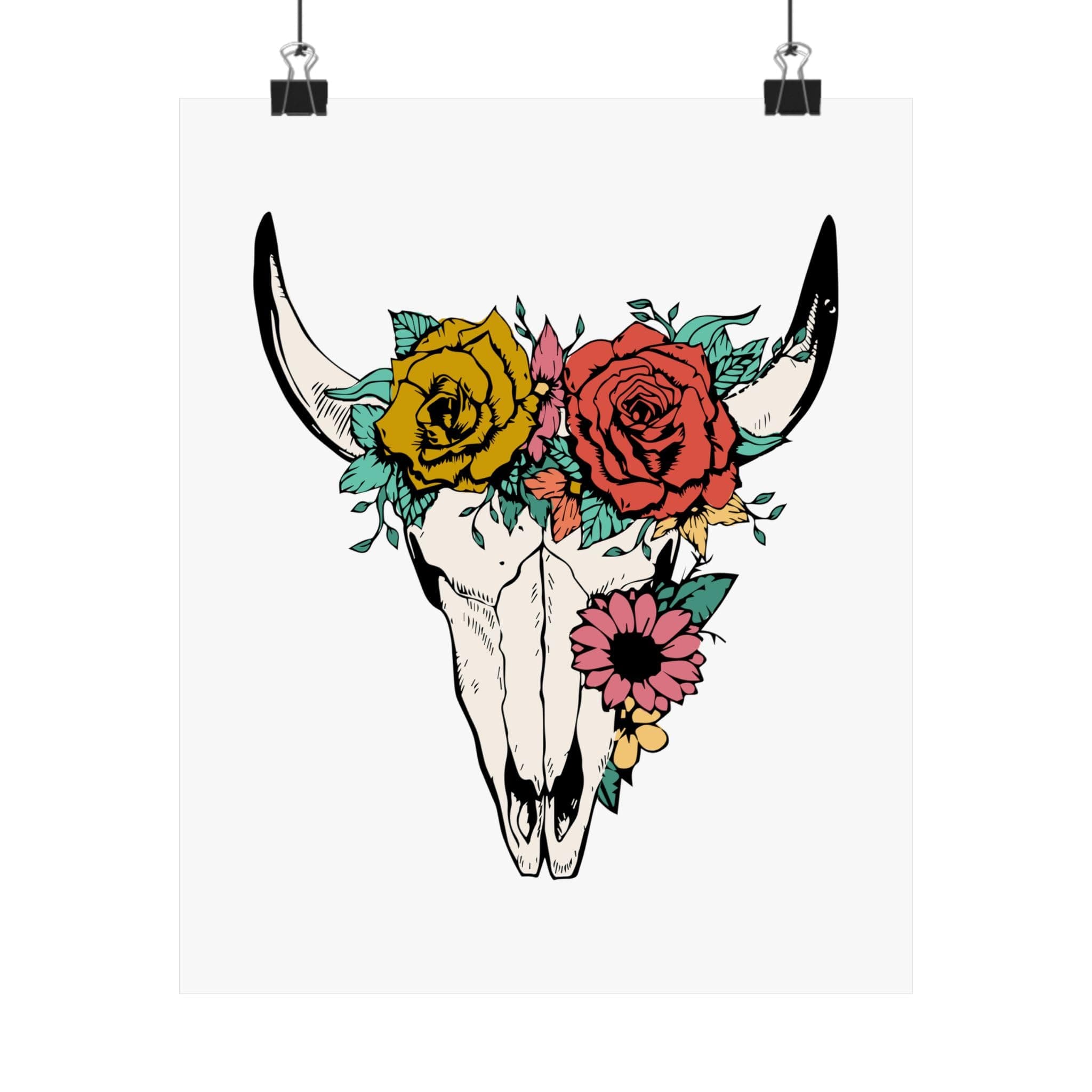 Cow Skull Unframed Poster Floral Bull Horns Wall Decor Long Horm Animal Cow Skull Bull Head Decor 9” x 11” Unframed Wall Art