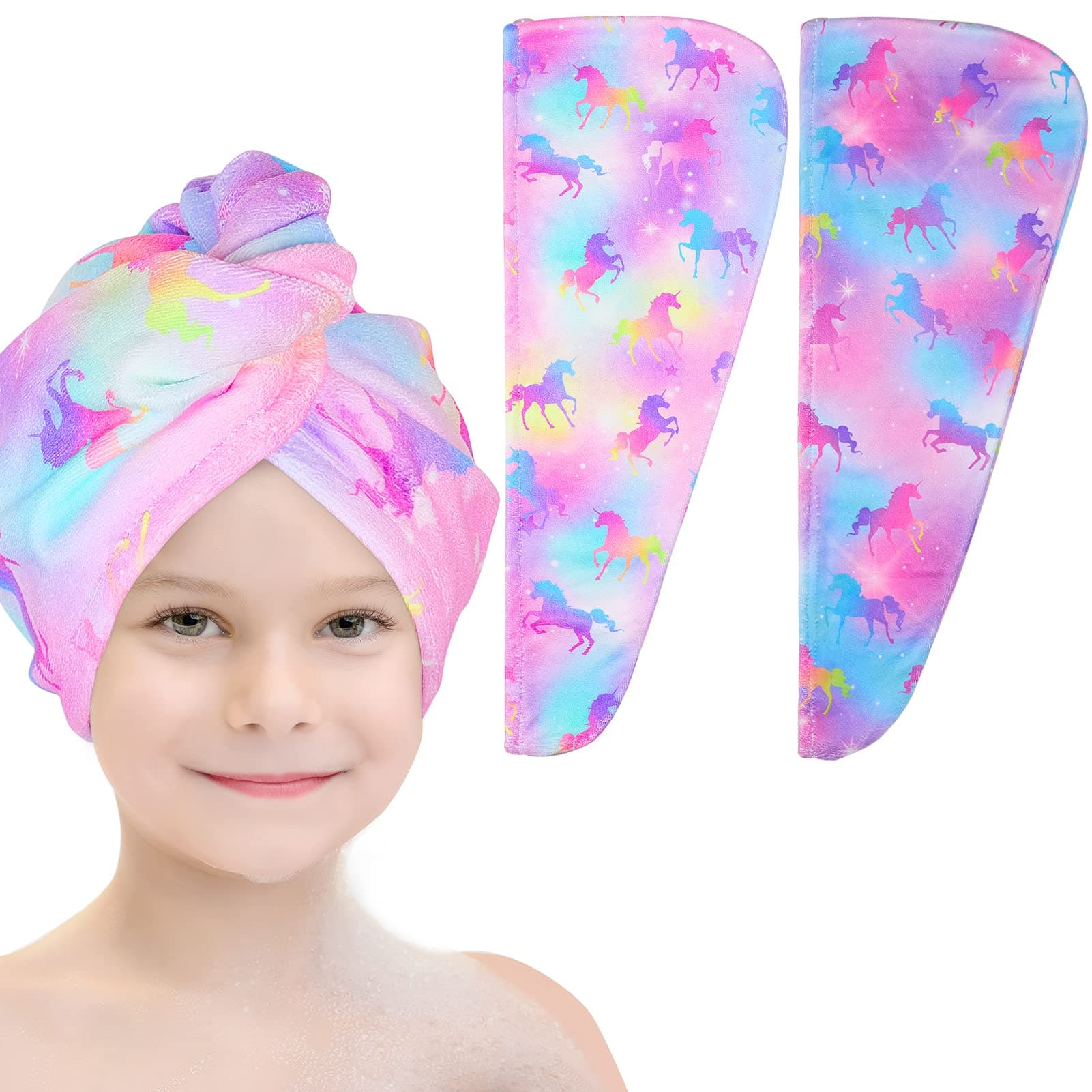 Microfiber Hair Towel Wrap for Kids 2 Pack Rapid Drying Hair Towel with Button Hair Turbans for Wet Hair Wraps Head Towel Wrap for Women and Girls, Colorful Unicorn