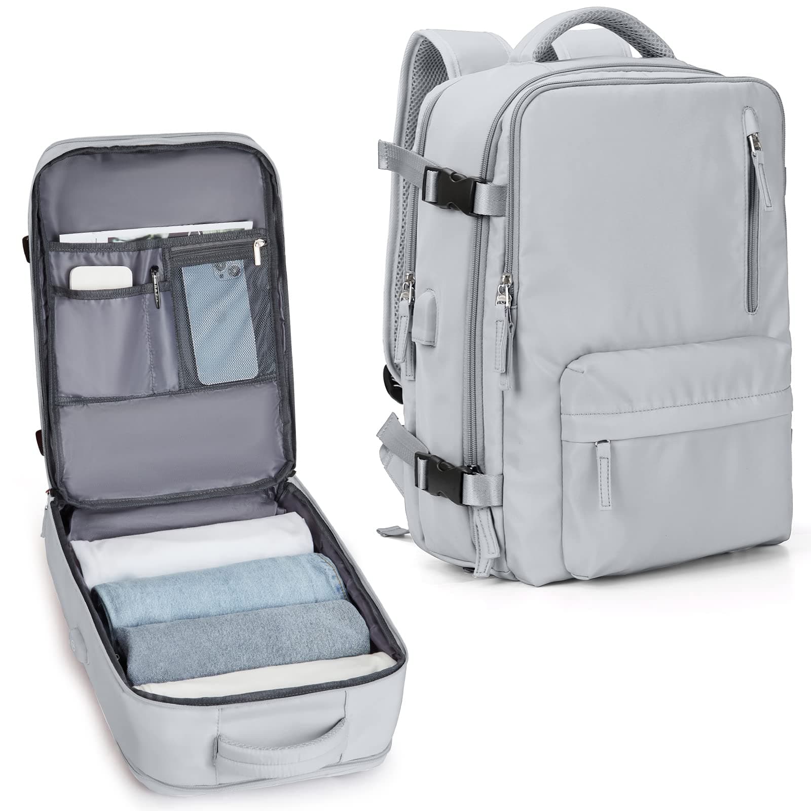 Carry On Backpack for Women, Airline Approved Personal Item Large Travel Backpack Flight Approved, Waterproof Laptop Bag Business Work Gym Backpacks Men Grey Mochila De Viaje