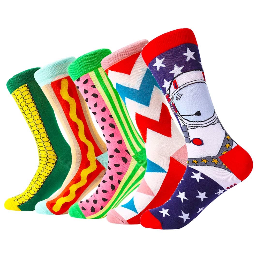 Mixsense Mens Dress Funky Colorful Design Socks For Men Cotton Crew Socks 5 Pack