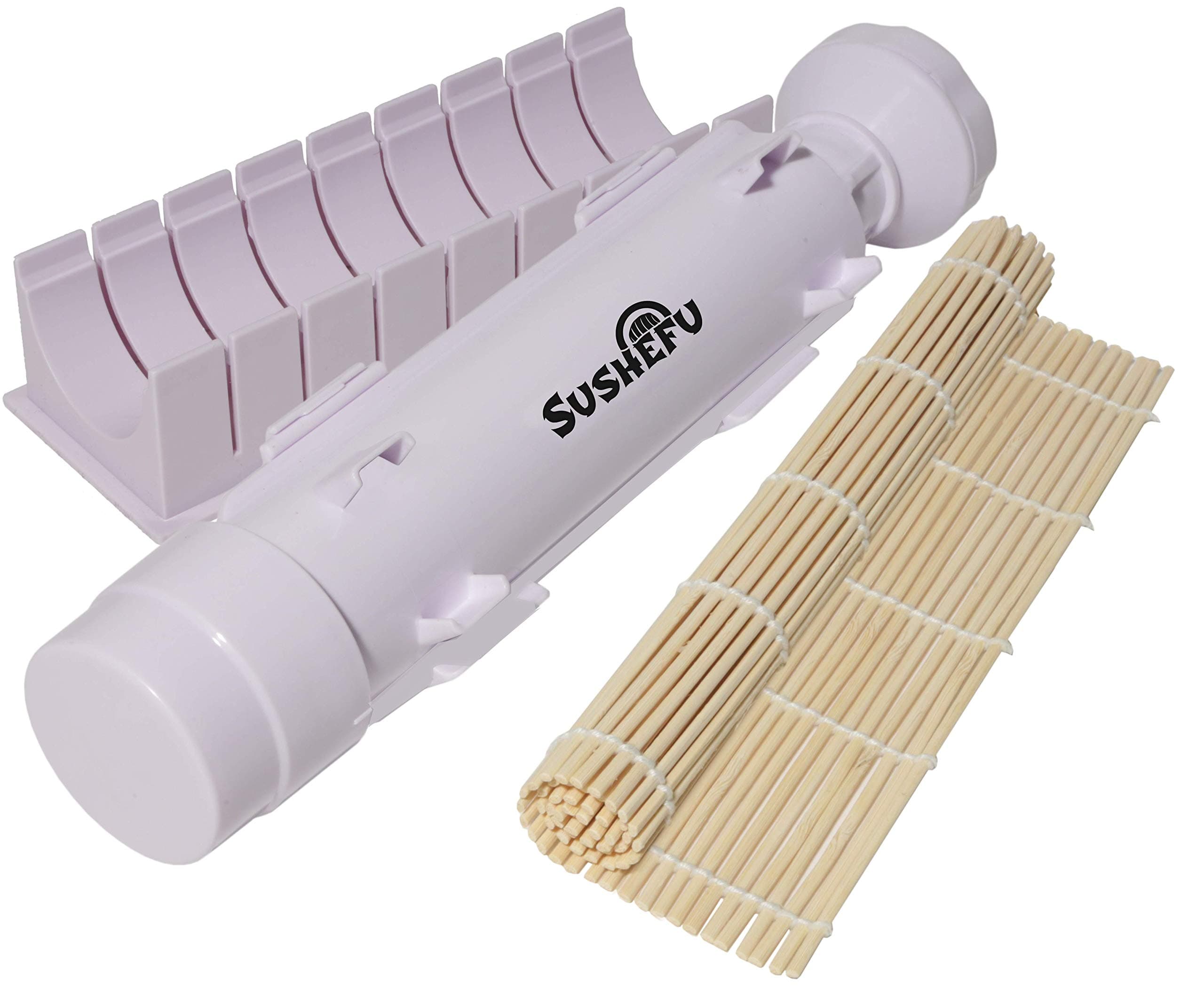Sushi Bazooka Making Kit - Food Quality All in 1 Sushi Maker with Bamboo Mat Roller and Slicer - Full Instructions and Recipe e-Book Included - White