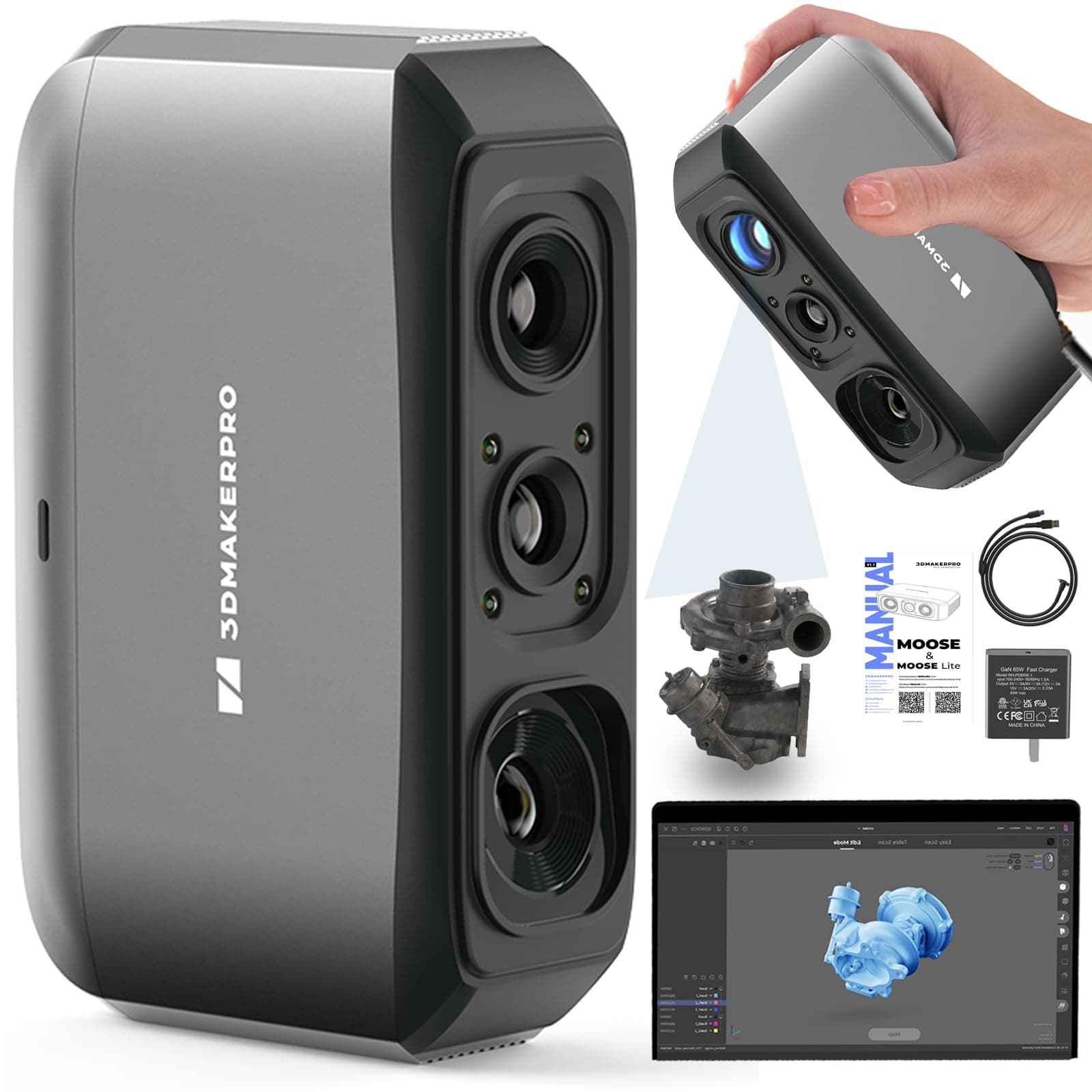 3DMakerpro Moose Lite Handheld 3D Scanner for 3D Printing, 3D Printer Accessories Scanner with 0.05mm High Accuracy, NIR Light & AI Visual Tracking, Anti-Shake Lenses, Compatible with Windows/MacOS