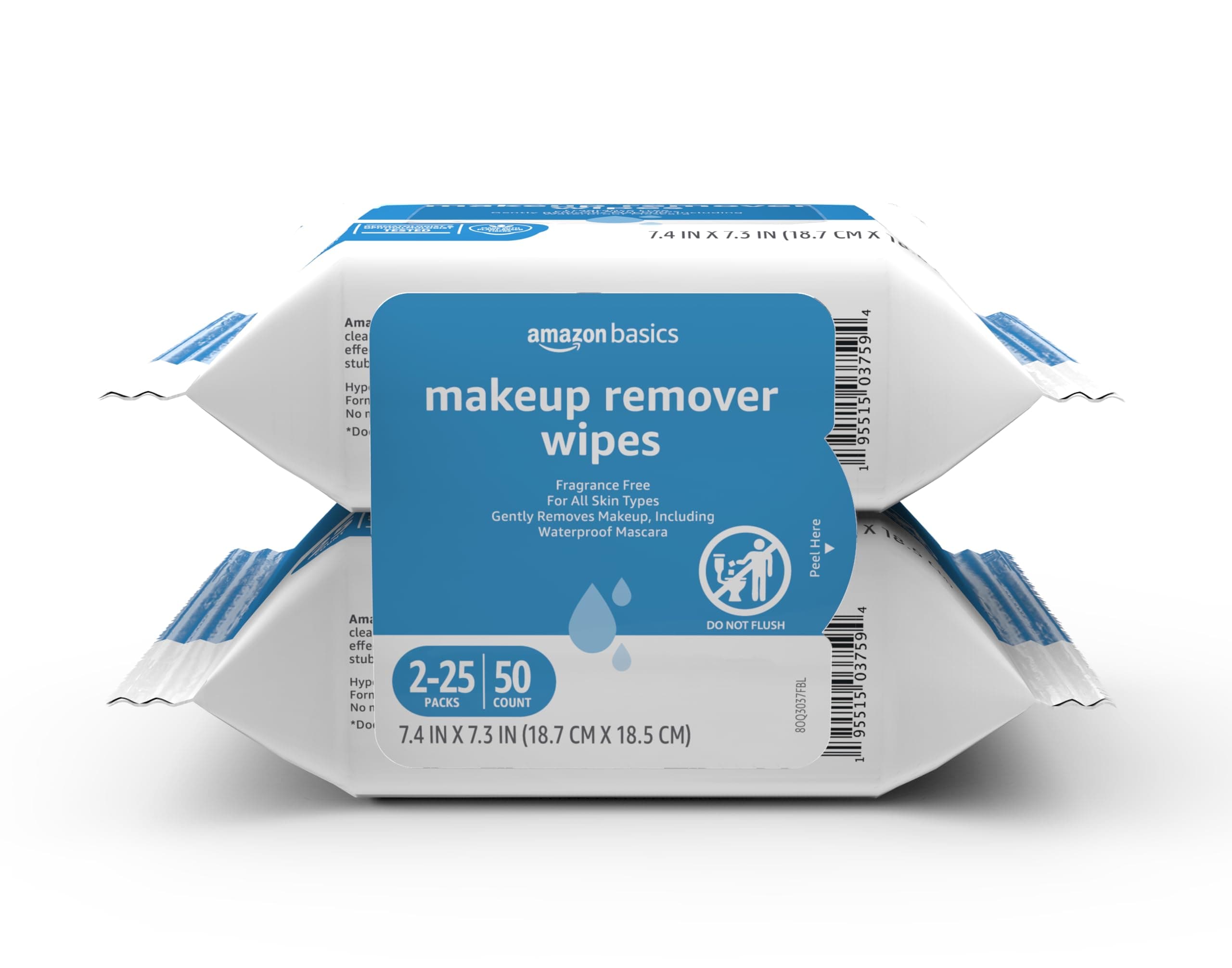 Makeup Remover Wipes, Formulated without Fragrance and Alcohol-Free, Gentle Cleansing, Removes Waterproof Mascara, Dermatologist Tested, 25 Count, Pack of 2
