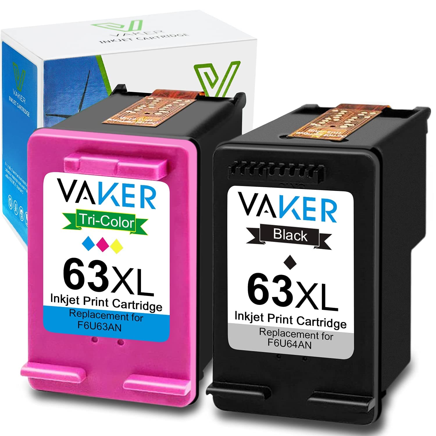 VAKER Remanufactured Ink Cartridge Replacement for HP 63 63XL Combo Pack for OfficeJet 3830 5255 5258 5200 4650 4655 Envy 4520 4510 DeskJet 3631 3639 Printer (1 Black 1 Tri-Color)
