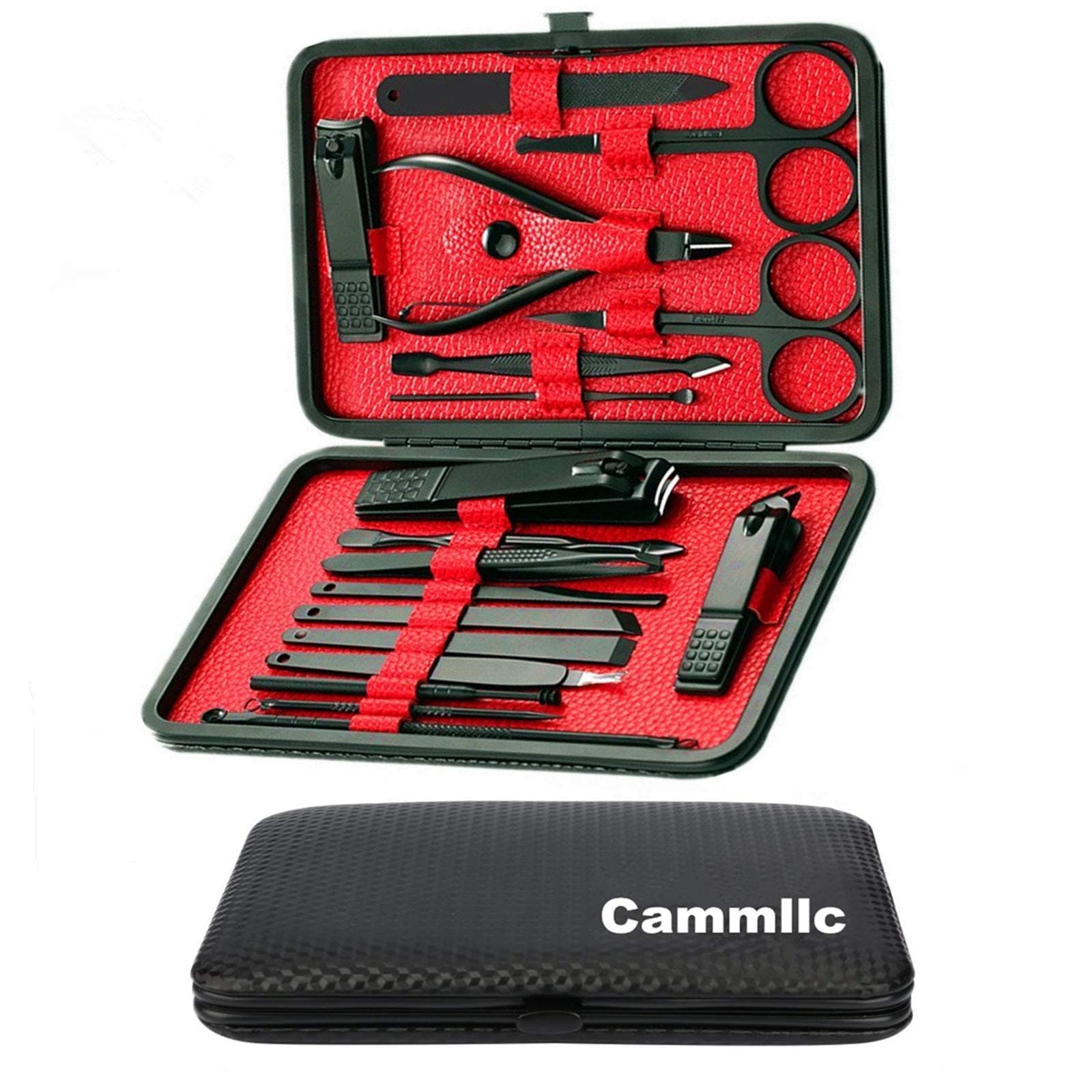 18 in 1 Manicure Set Stainless Steel Professional Pedicure Kit Nail Scissors Grooming Kit with Black Leather Travel Case