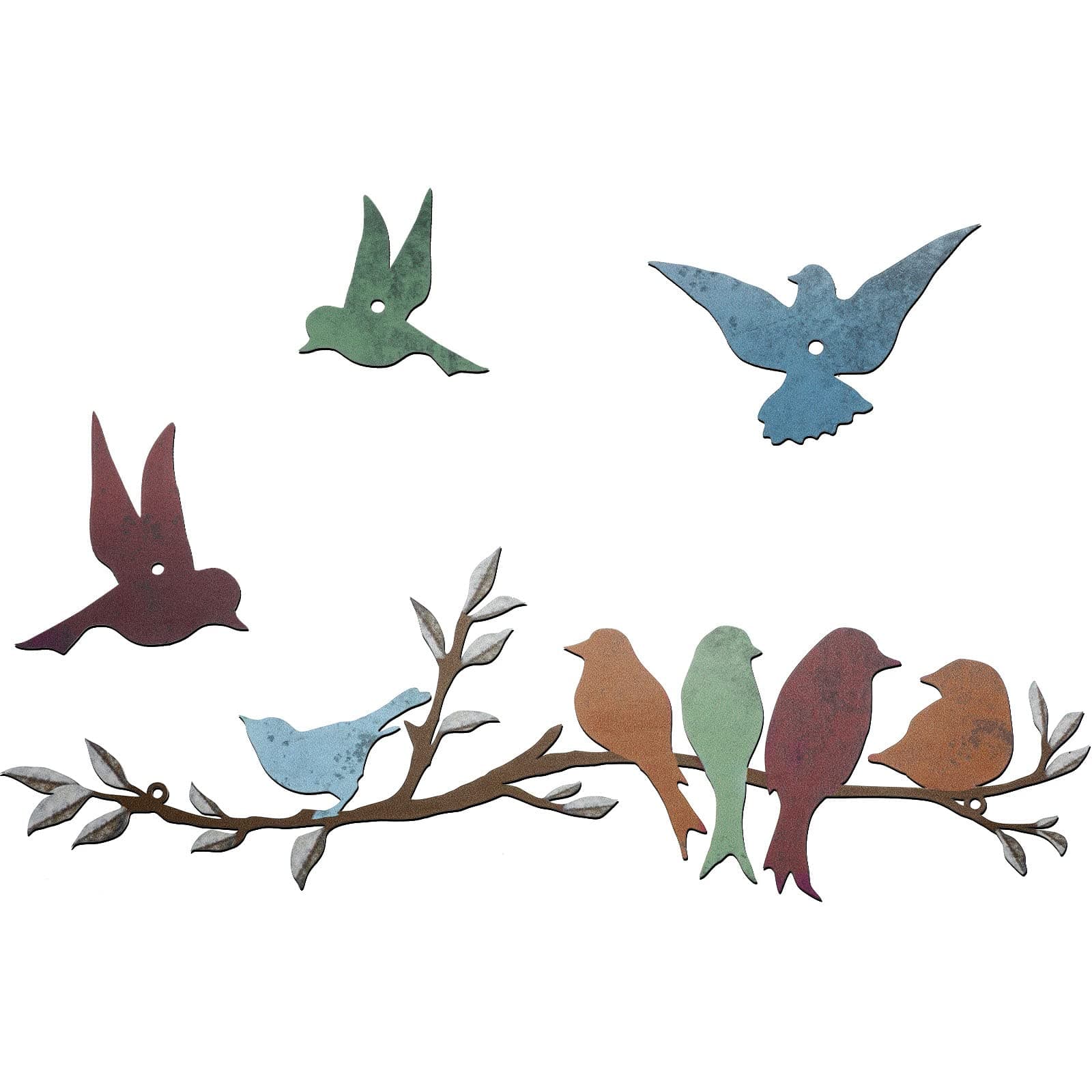 Metal Bird Wall Art - Birds on Branch Wall Decor With Leaves - Sculpture Silhouette Ornament for Balcony Garden Decor (Cute Colors)