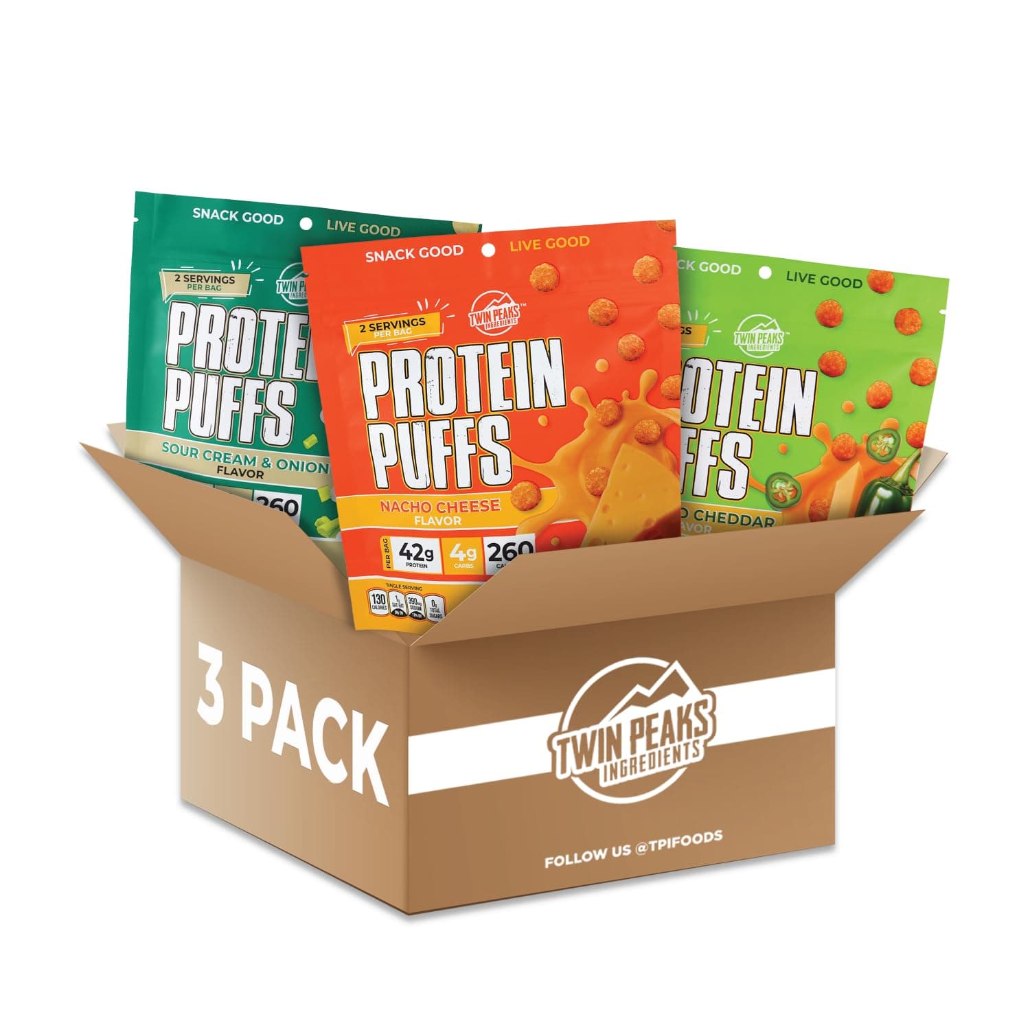 Twin Peaks Low Carb, Keto Friendly Protein Puffs, (Combo Pack, 2.1 Ounce), 2 Servings, 3 Pack (60g, 42g Protein, 4g Carbs)
