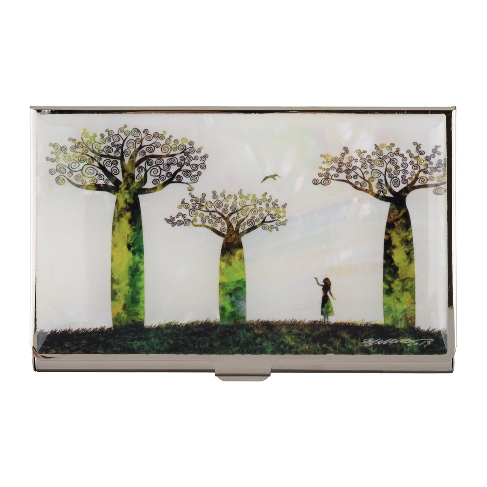Business Name Card Holder Stainless Steel Case Mother of Pearl Art Wind Girl