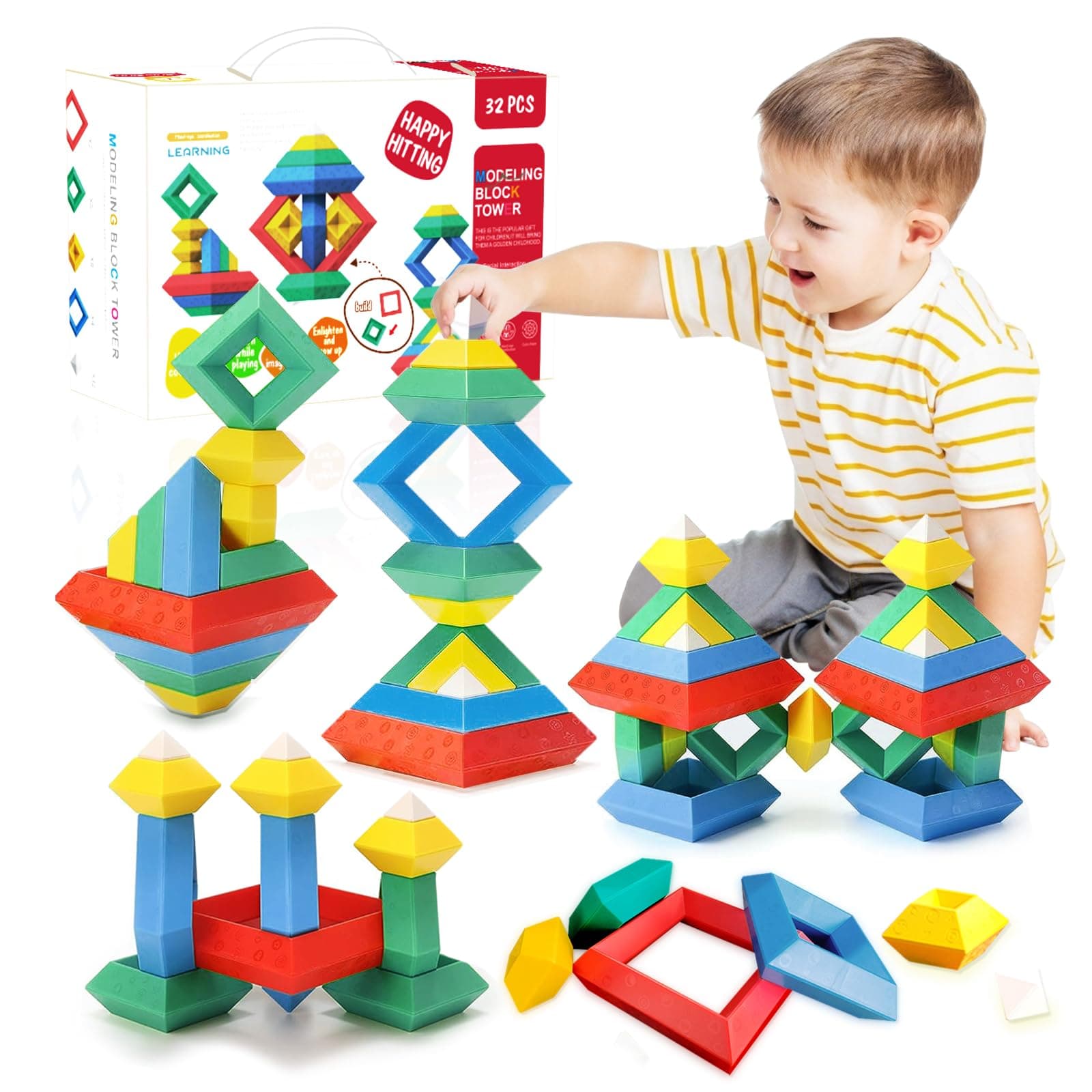 Montessori Toys for 2 3 4 5 Year Old, Building Blocks for Toddlers 1-3 Stacking Toys, 32 Pcs Pyramid Stacking Blocks STEM Sensory Toys Preschool Educational Toy Gifts