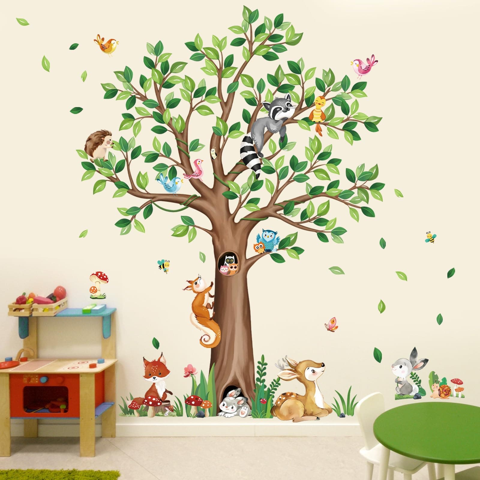 decalmile Woodland Animals Large Tree Wall Stickers Bear Fox Deer Wall Decals Baby Nursery Kids Bedroom Toddler Room Wall Decor (H:135cm/53Inches)