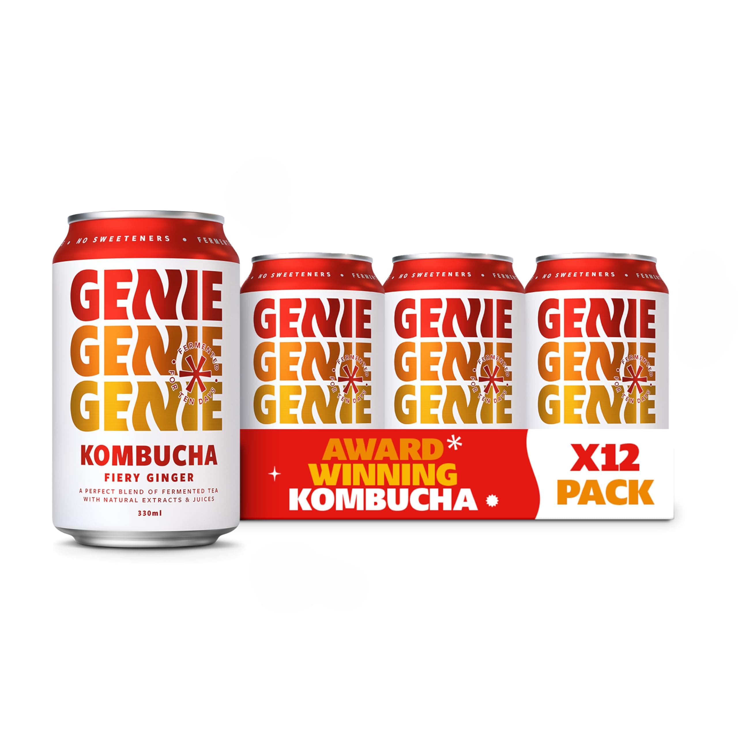 GENIE LIVING DRINKS - Fiery Ginger Kombucha Drink, Delicious Soft Drinks, Fermented 10 Days for Gut Health, 100% Vegan, No Sweeteners, No Nasties, Made in the UK, Natural Energy, 12 x 330ml Cans