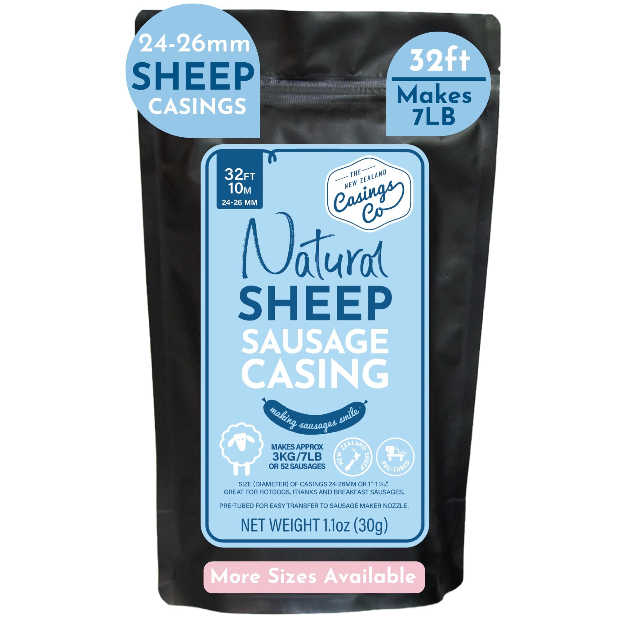 Natural SHEEP Casings for Sausage Making, 24-26mm, Great Hot Dog Casing or Sausage Casing for Merguez & Breakfast Sausage, Pre-Tubed, Edible, A Grade, Halal, from New Zealand, 32” makes 7lb Sausages