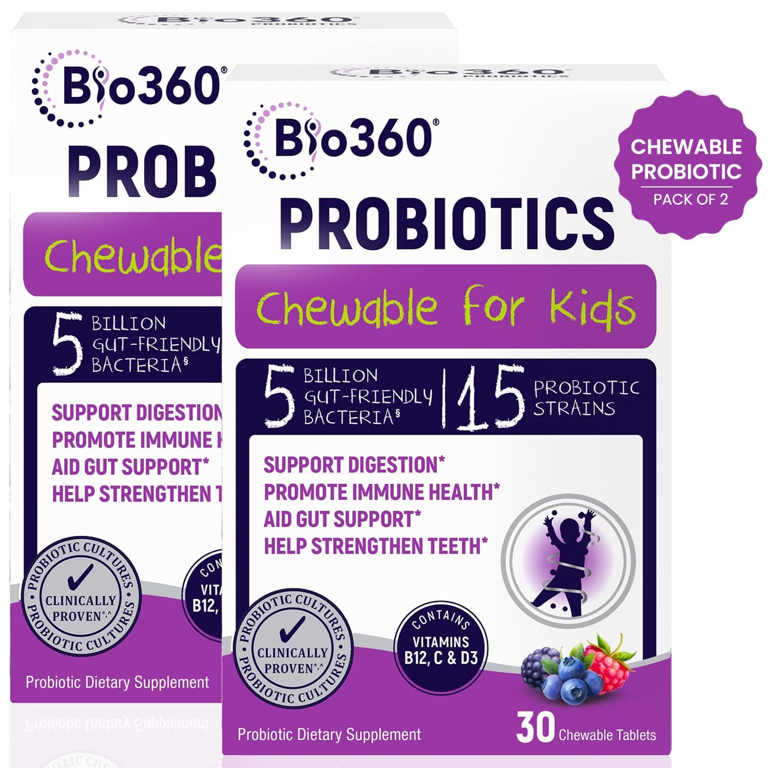 Probiotics for Kids - 15 Strains & 5 Billion CFU Supports Brain, Immune & Digestive Health - Kids Probiotic Chewable with Organic Prebiotics for Gut & Constipation, Mixed Berry Flavor, 60 Count