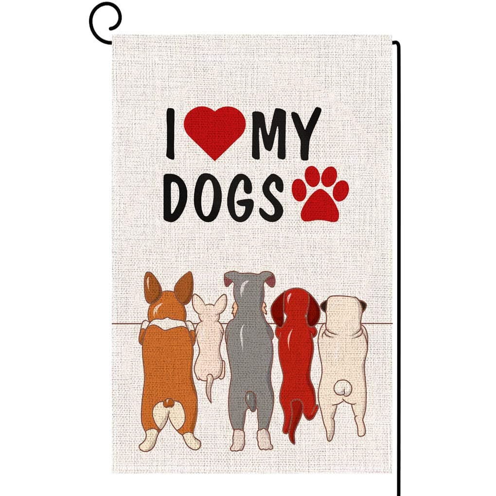 ORTIGIA Home Decor Small Dog Garden Flag，I Love My Dogs Pawprints Garden Flag Yard Decoration,Seasonal Outdoor Flag 12.5 x 18inch Spring Summer