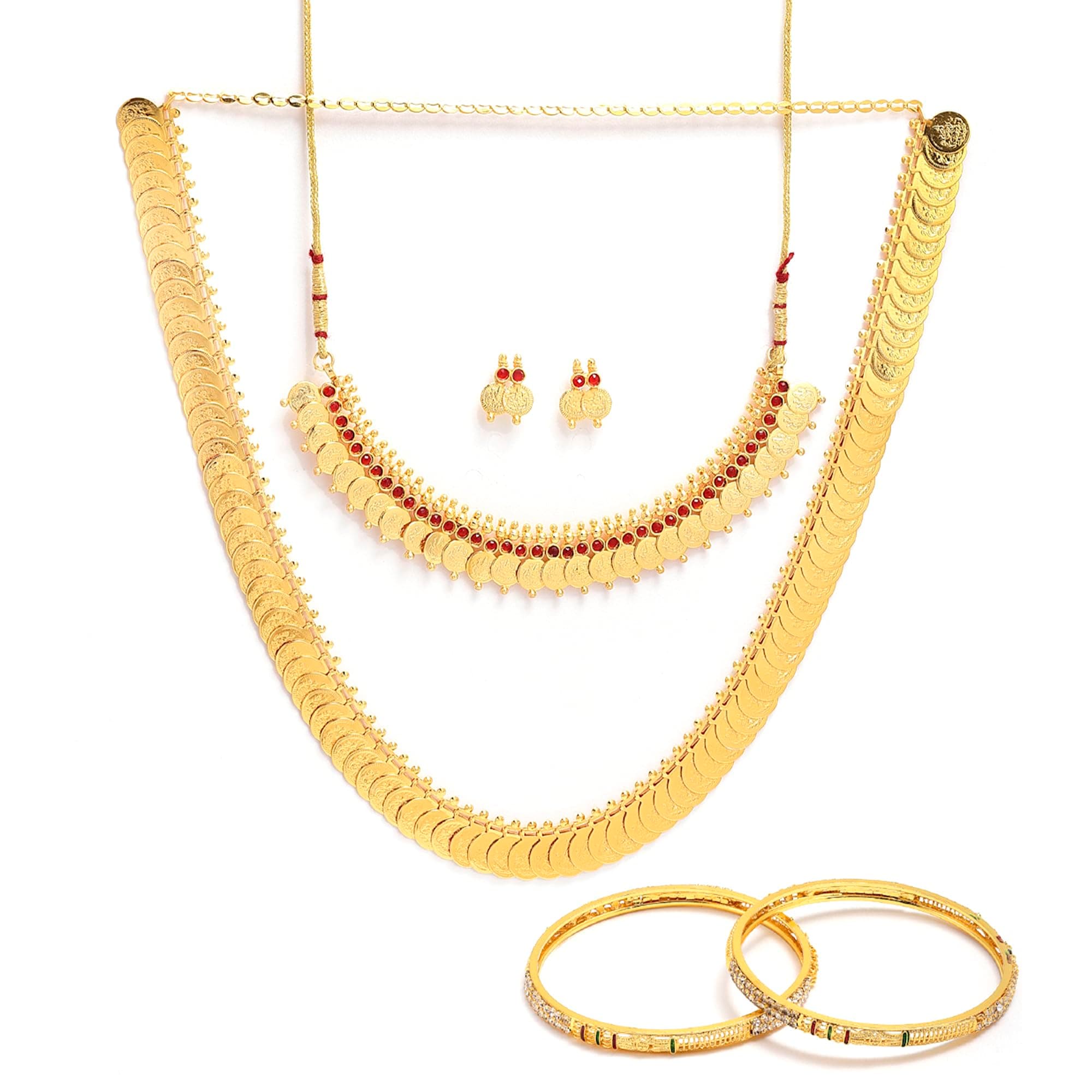 ZENEMEGold Plated and Bangles & Maharani Temple Coin Necklace Set for Women & Girls