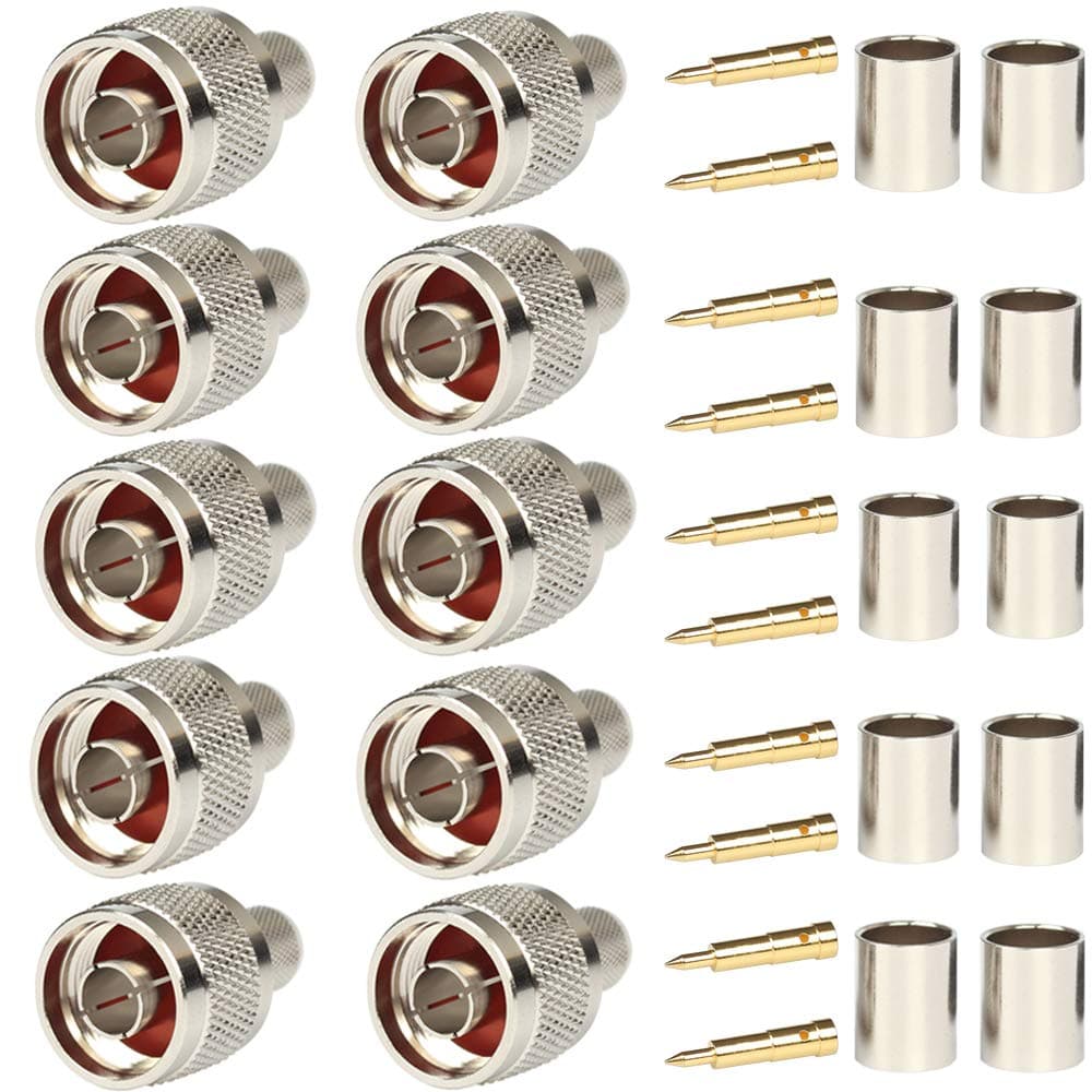 Pack of 10 N Male Plug Crimp Rf Coaxial Connector 50 ohm for LMR400 Belden 9913 RG8 Nickel Machined Brass Construction