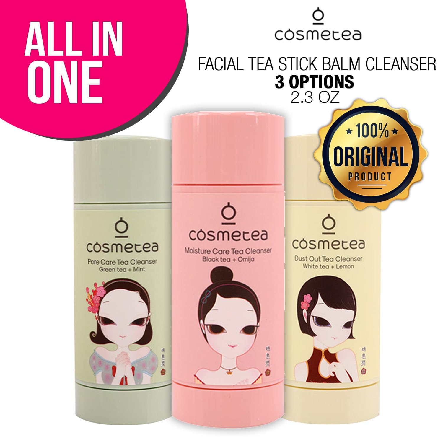 3-PACK COSMETEA Facial Tea Stick Balm Cleanser 2.3oz, 3 Options All-in-One, K-Beauty Stick Cleanser