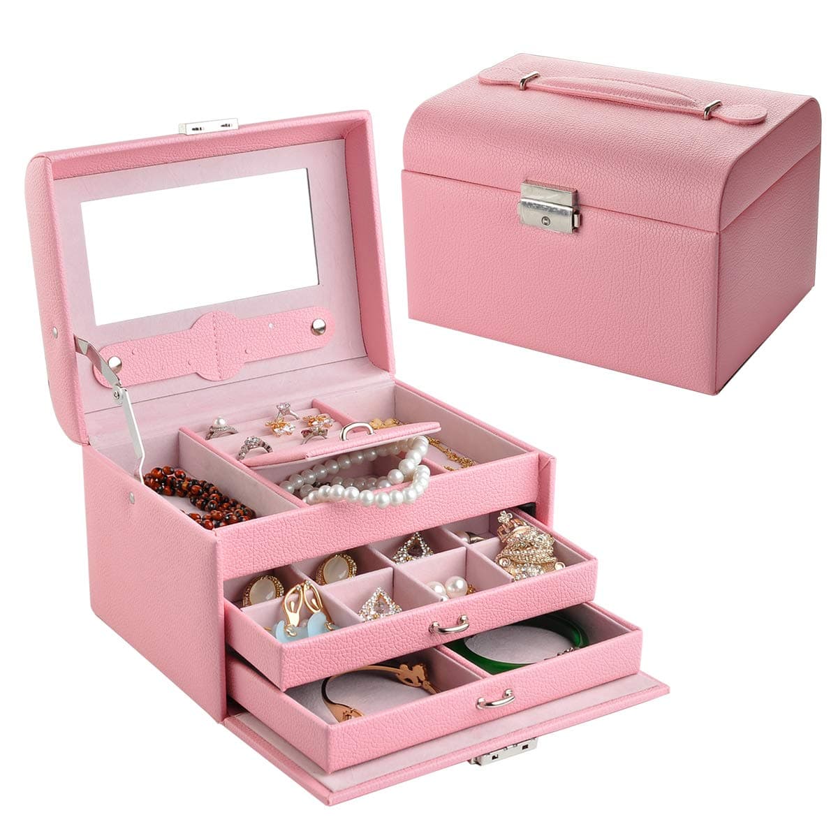 NirongLavie Faux Leather Jewelry Box Drawer Jewelry Organiser,Pink