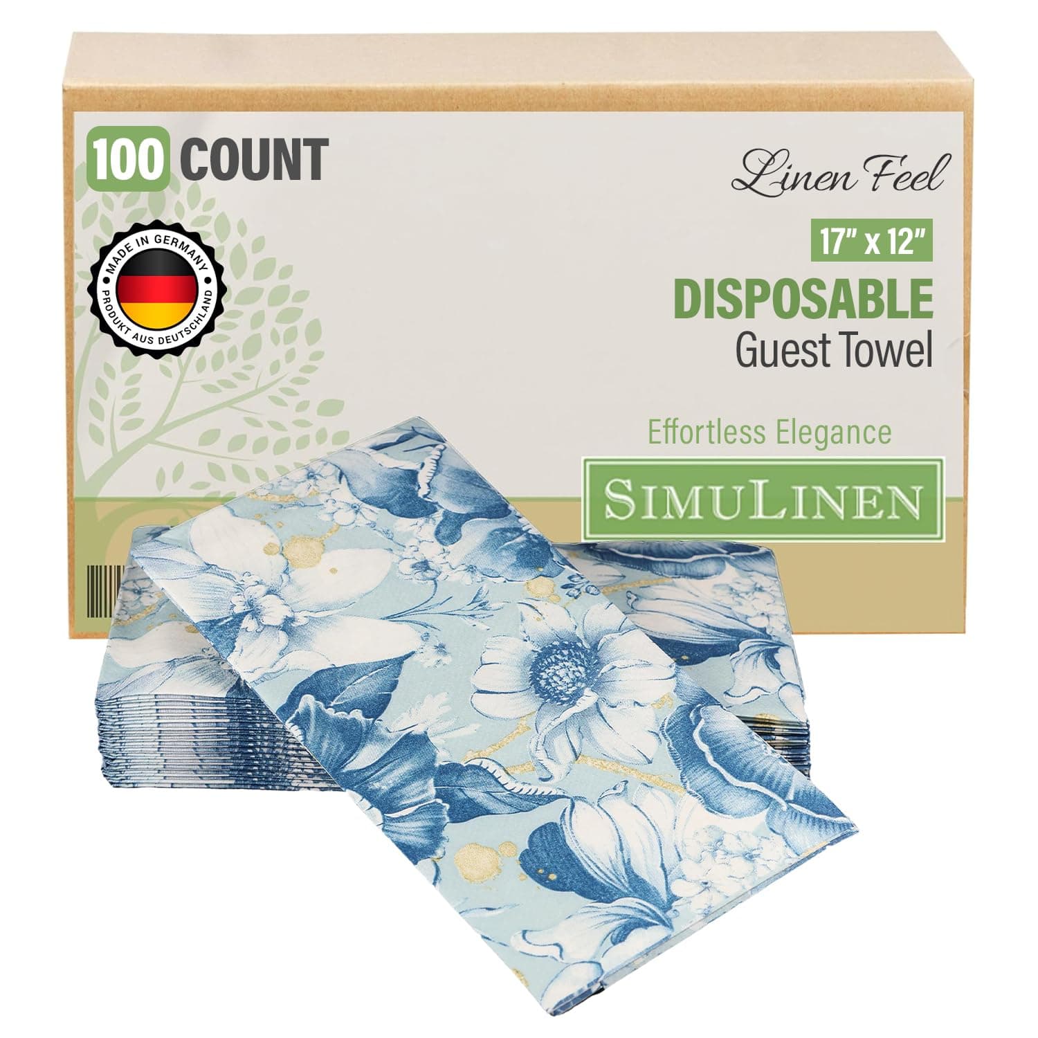 SimuLinen Blue Garden Floral Disposable Hand Towels for Bathroom, Single-Use Linen-Feel Guest Towels, Hand Tissue Paper, Cloth-Like Paper Napkins, Pack of 100