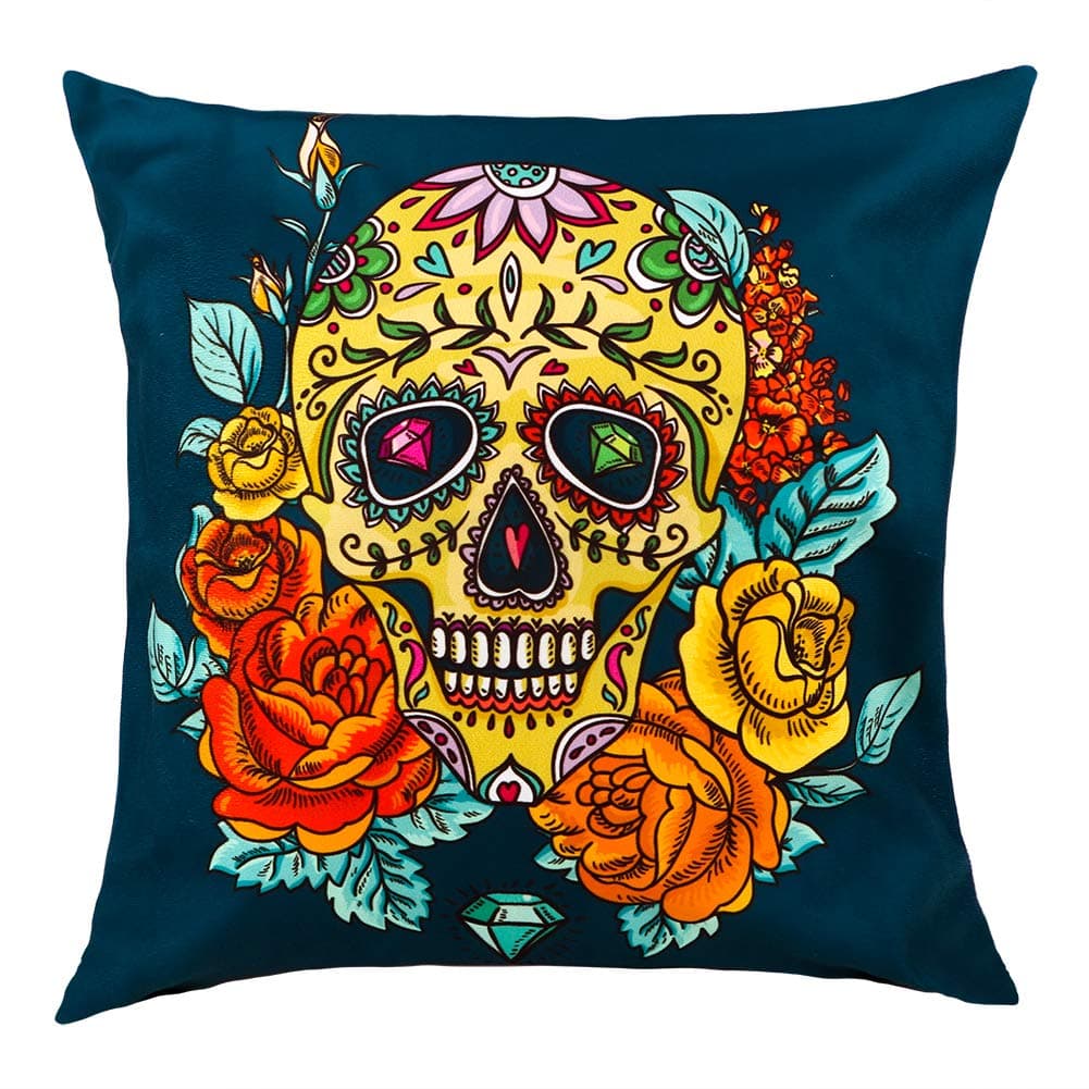 WaaHome Day of The Dead Throw Pillow Cover Dia De Los Muertos Decorations 18"X18" Cotton Linen Day of The Dead Sugar Skull Pillow Cushion Cover Case