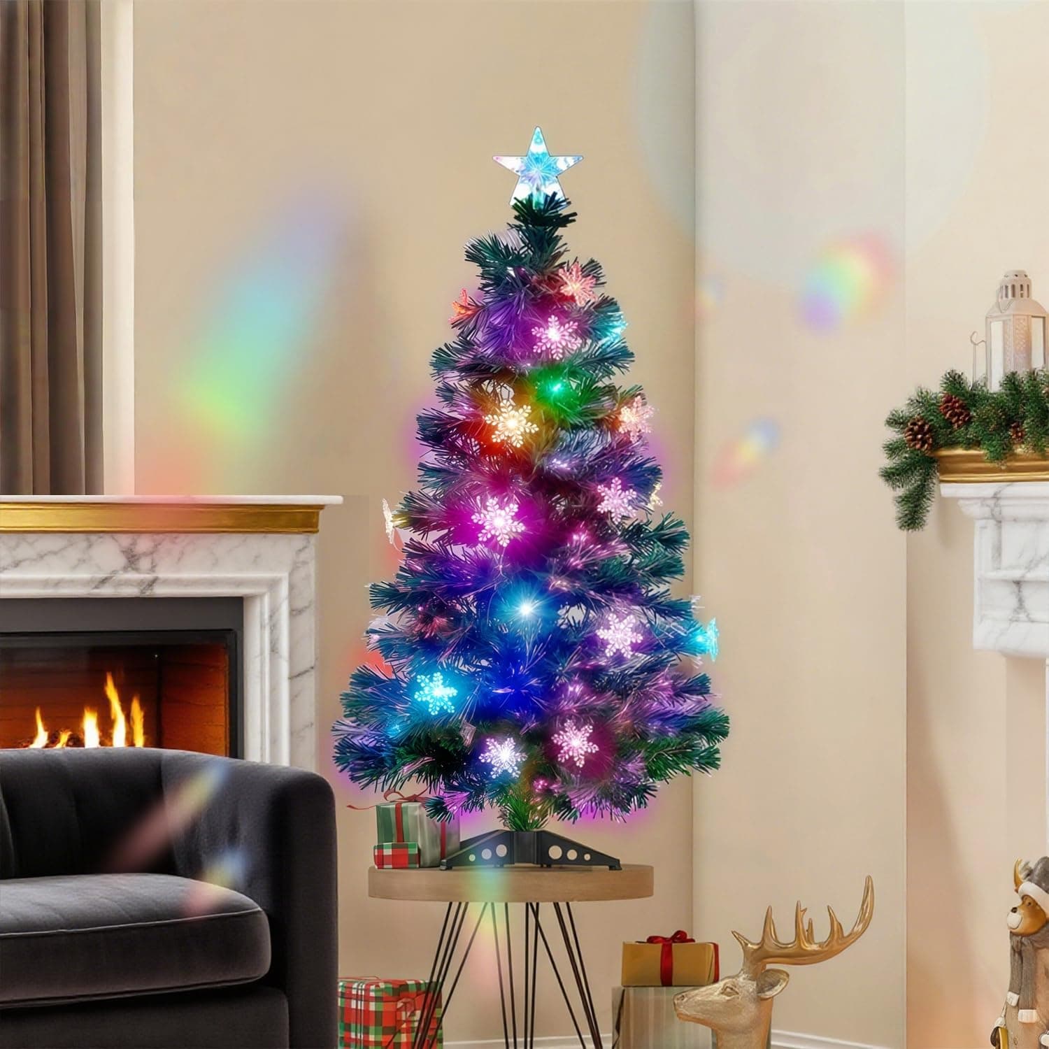 3 ft Pre-Lit Green Artificial Christmas Tree, Lighted Optical Fiber Table Mini Xmas Trees with Color Changing Lights, Snowflakes & Top Star, Fake Multicolored Tree for Festive Party Holiday