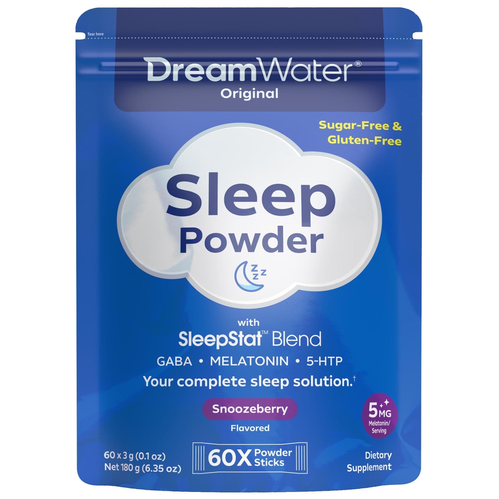 Sleep Powder, Sugar-Free, Gluten-Free, Natural Flavors; Blend of 3 Ingredients, GABA, 5mg Melatonin, 5-HPT; Snoozeberry Flavor 60ct